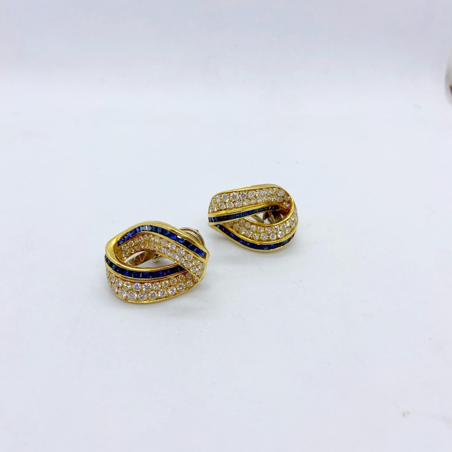 Round Cut Cellini 18KT Gold 2.39 Carat Diamond and 2.59 Carat Sapphire Infinity Earrings For Sale