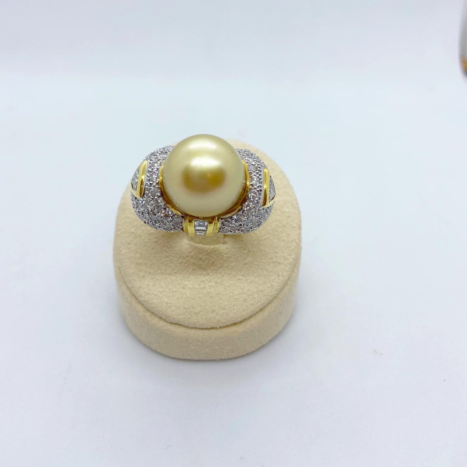 Rétro Cellini Bague en or jaune 18 carats, diamants de 3,60 carats et perle d'or des mers du Sud en vente