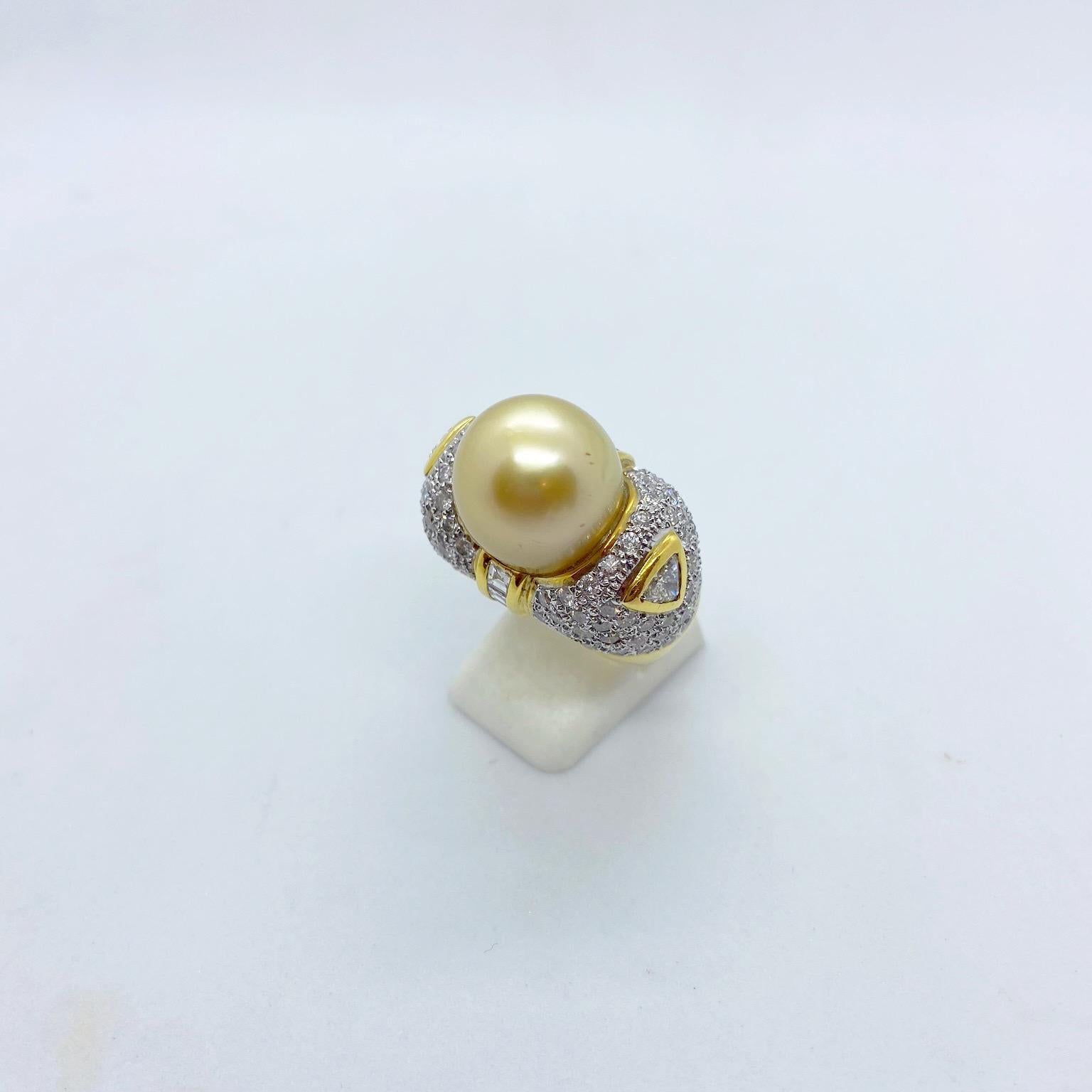 Cellini 18 Karat Yellow Gold, 3.60 Carat Diamond and South Sea Golden Pearl Ring In New Condition For Sale In New York, NY