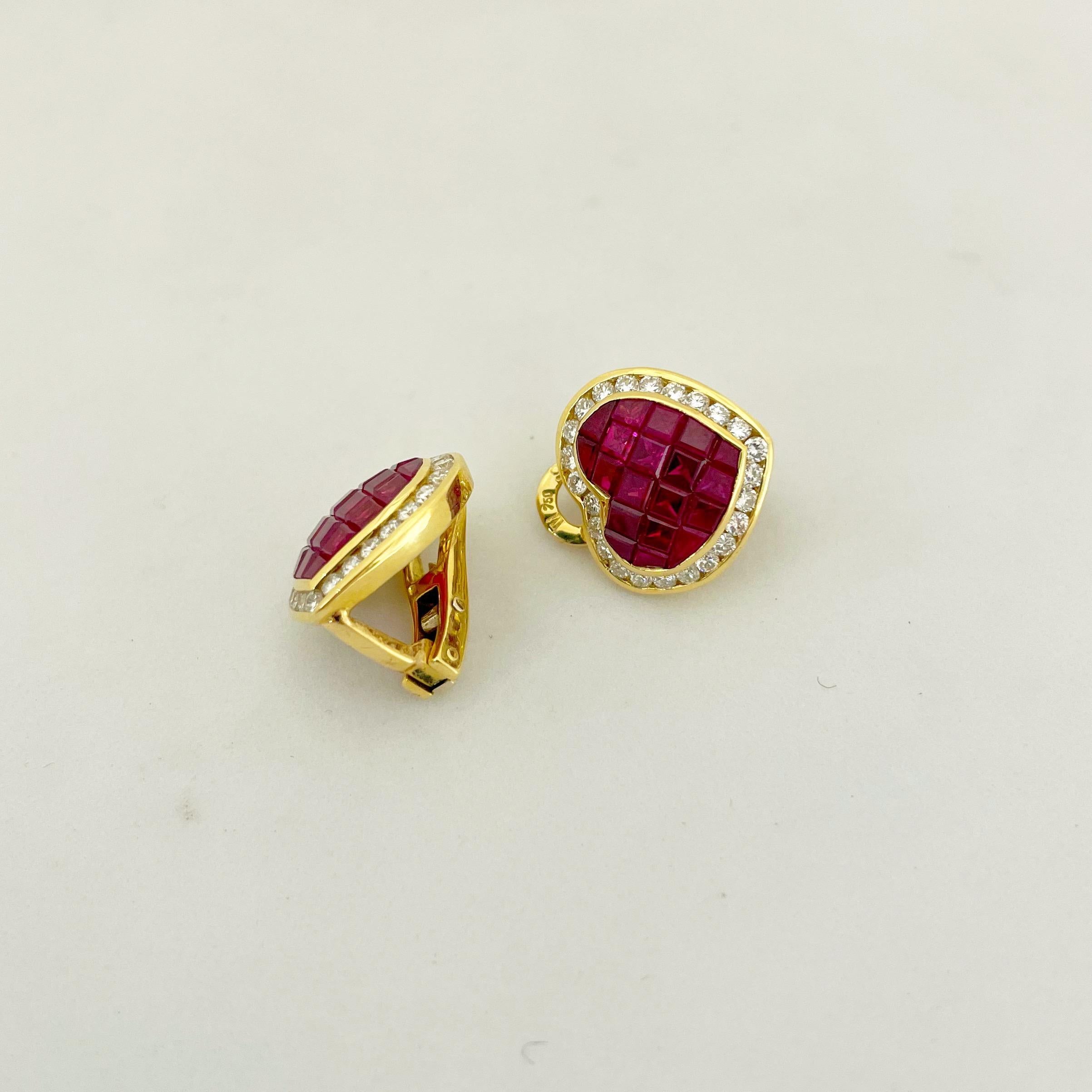 Contemporary Cellini 18 Karat Gold 5.20 Carat Ruby and 1.30 Carat Diamond Heart Earrings For Sale