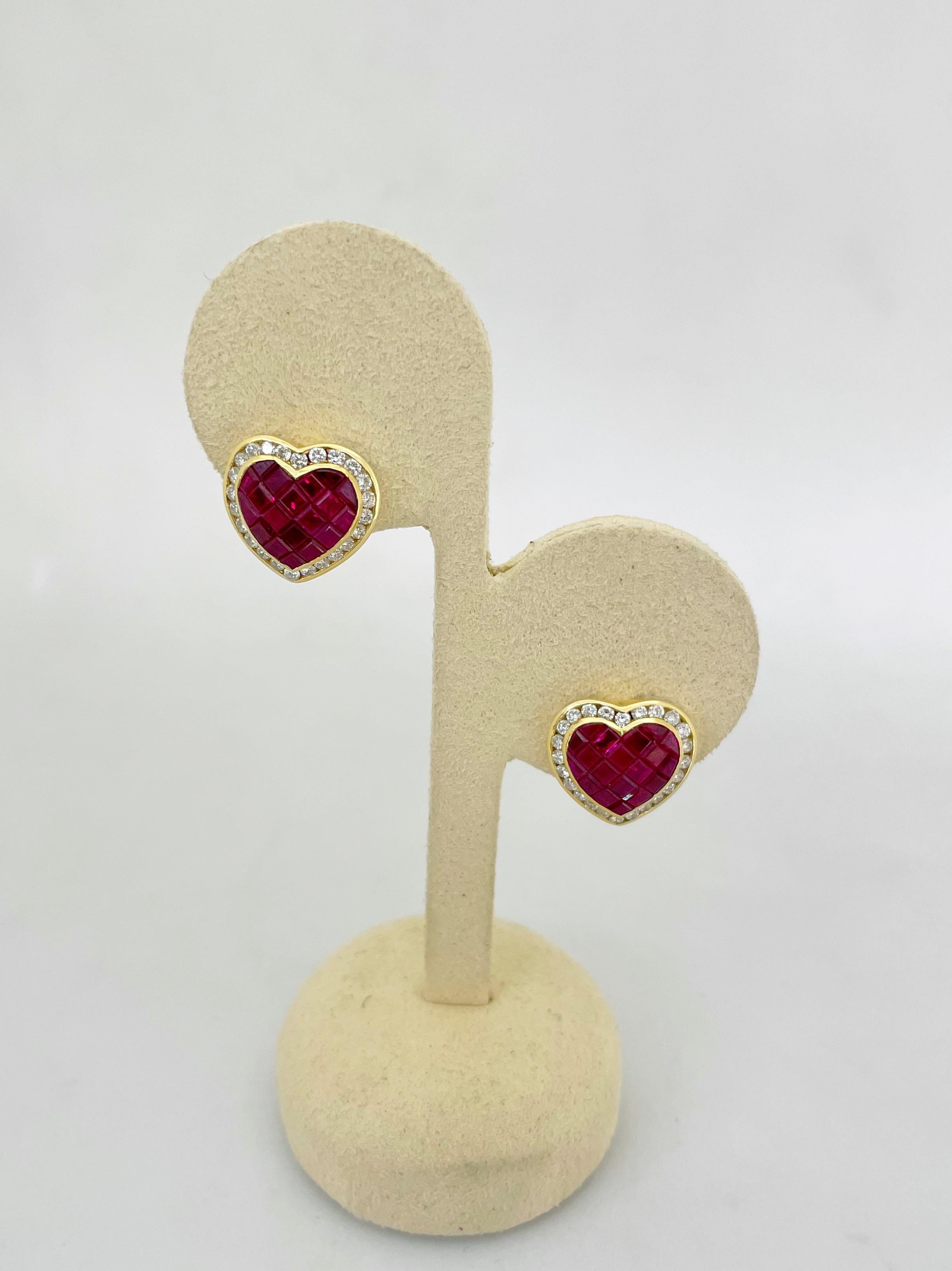 Square Cut Cellini 18 Karat Gold 5.20 Carat Ruby and 1.30 Carat Diamond Heart Earrings For Sale