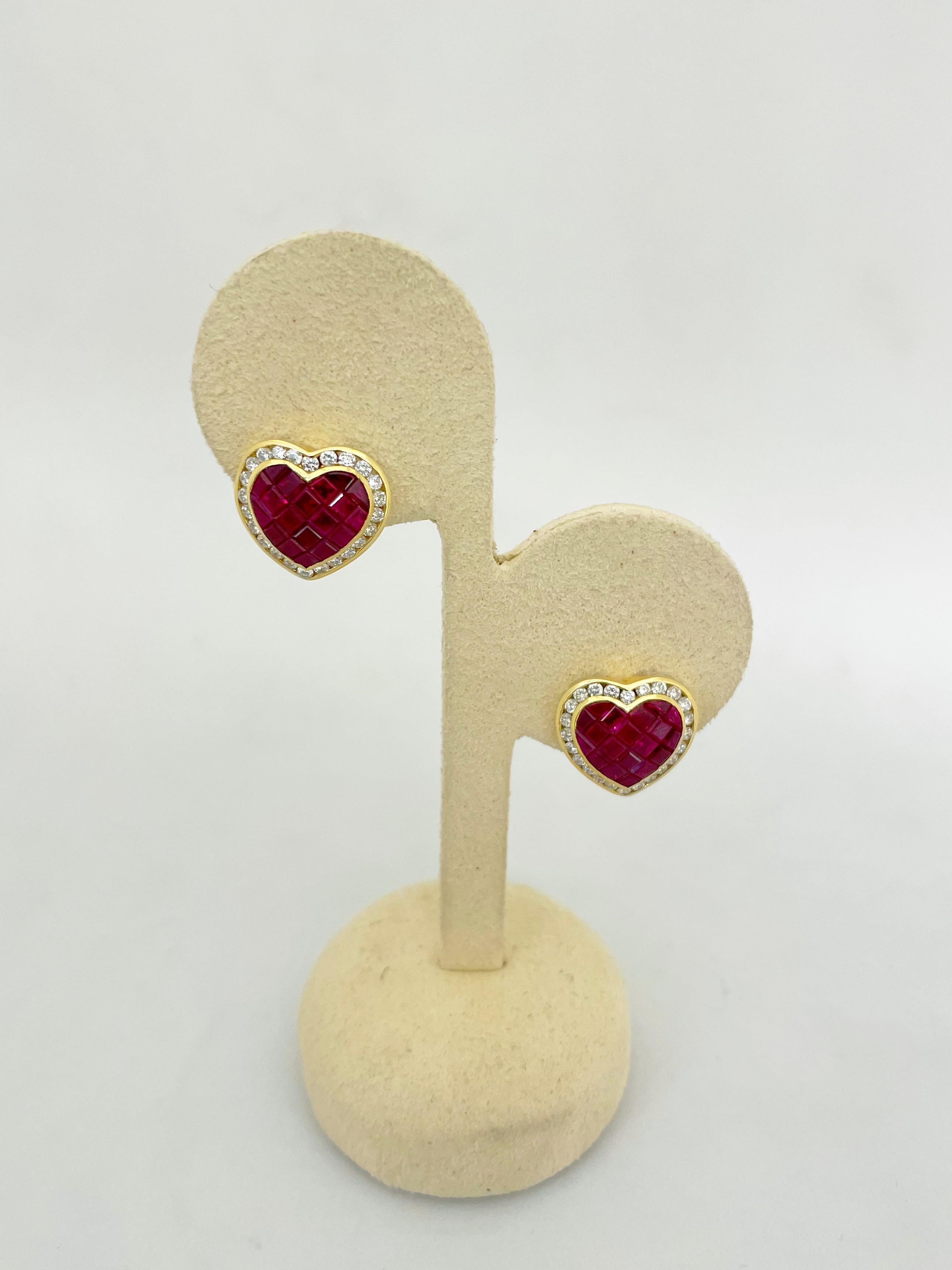 Cellini 18 Karat Gold 5.20 Carat Ruby and 1.30 Carat Diamond Heart Earrings In New Condition For Sale In New York, NY