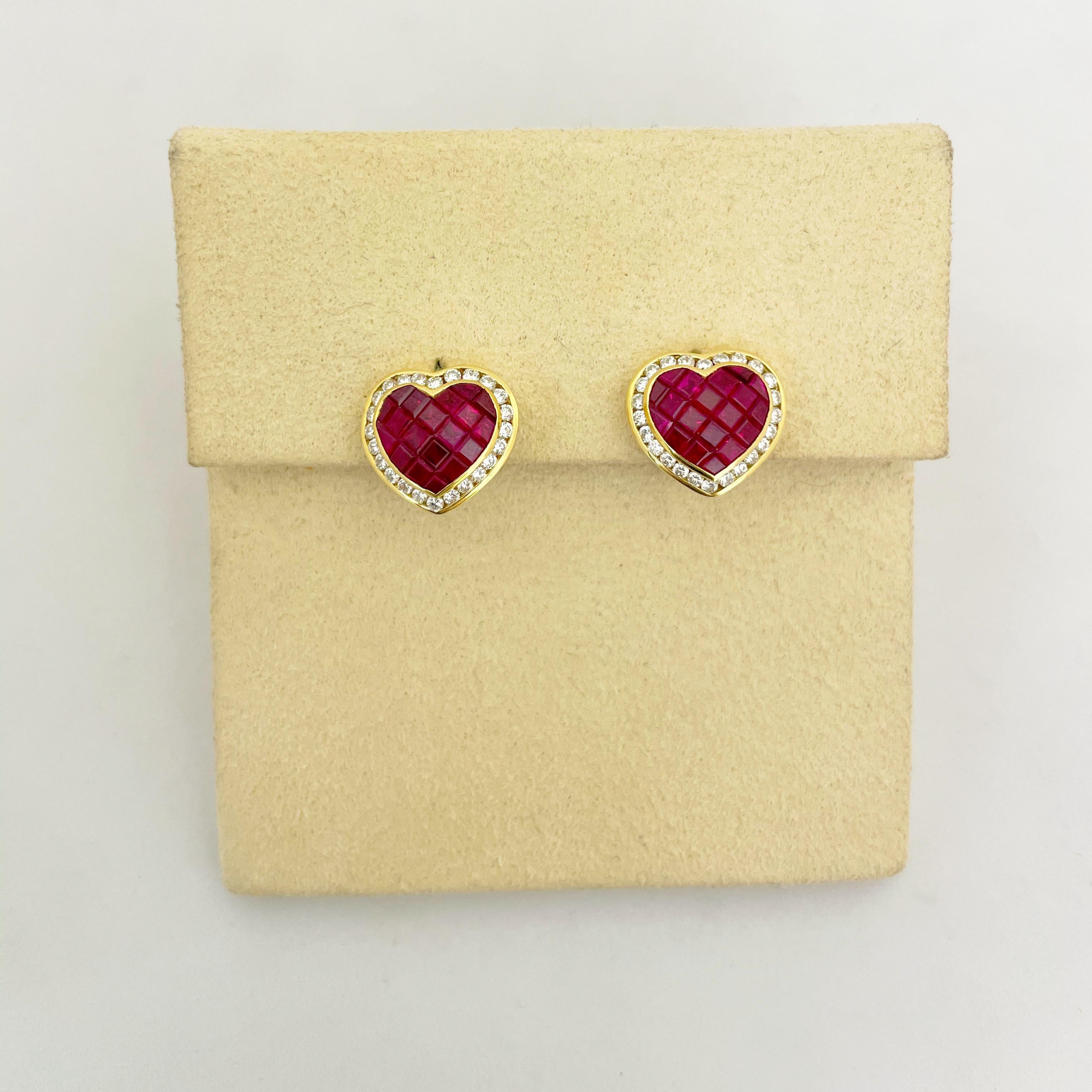 Women's or Men's Cellini 18 Karat Gold 5.20 Carat Ruby and 1.30 Carat Diamond Heart Earrings For Sale