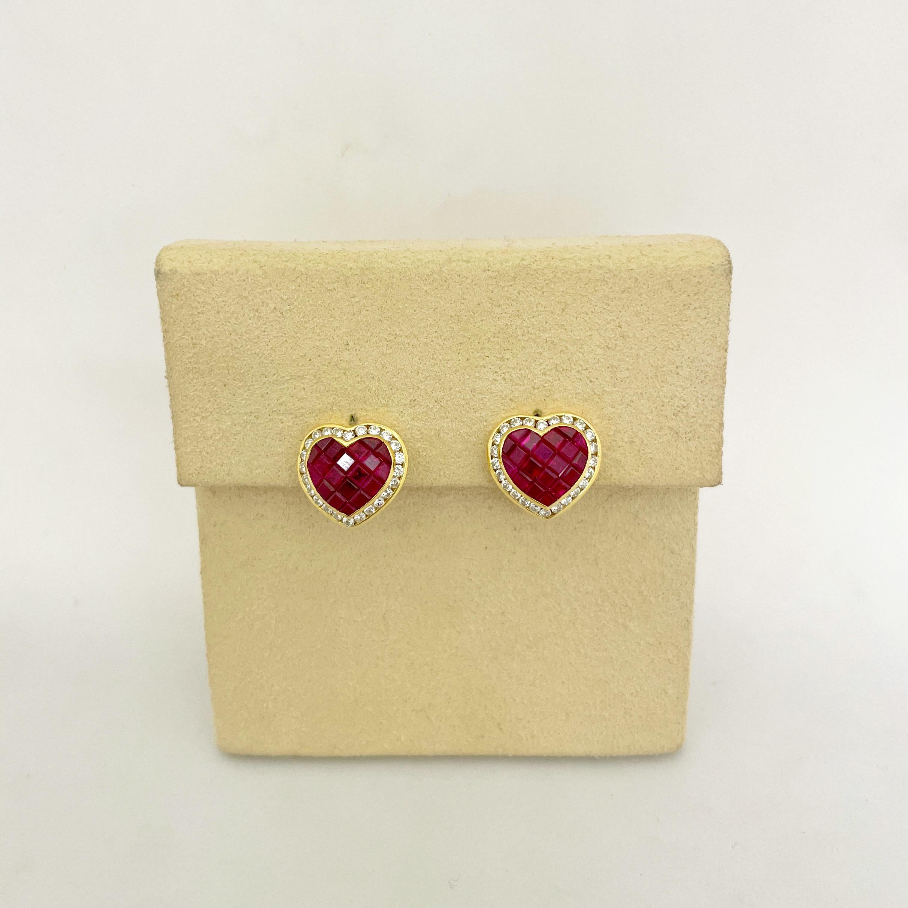 Cellini 18 Karat Gold 5.20 Carat Ruby and 1.30 Carat Diamond Heart Earrings For Sale 1