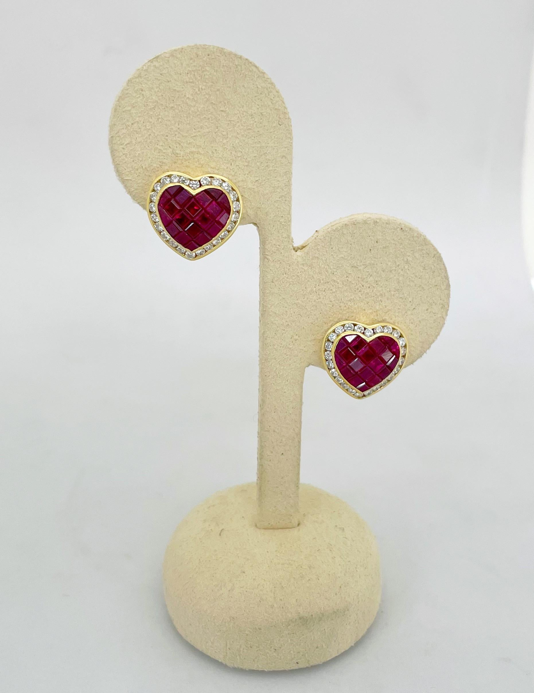 Cellini 18 Karat Gold 5.20 Carat Ruby and 1.30 Carat Diamond Heart Earrings For Sale 2