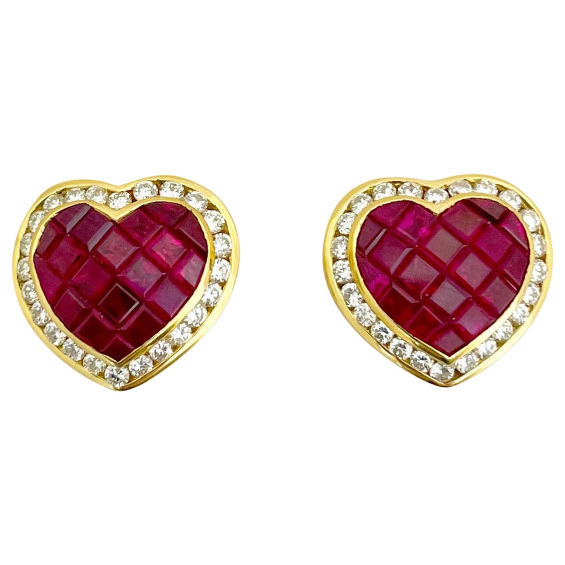 Cellini 18 Karat Gold 5.20 Carat Ruby and 1.30 Carat Diamond Heart Earrings