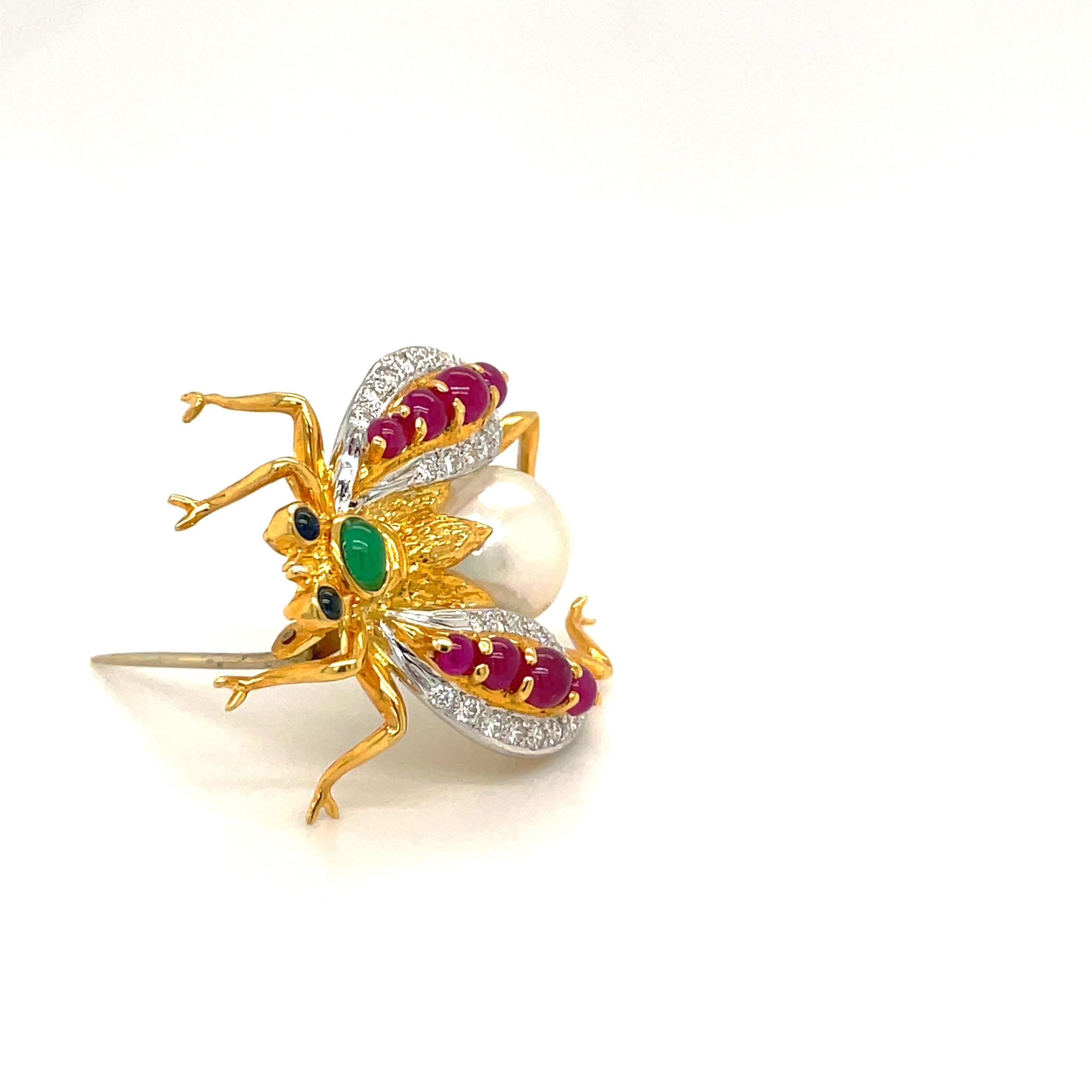 Contemporain Cellini Broche abeille en or 18 carats avec diamants, pierres précieuses et perles des mers du Sud en vente