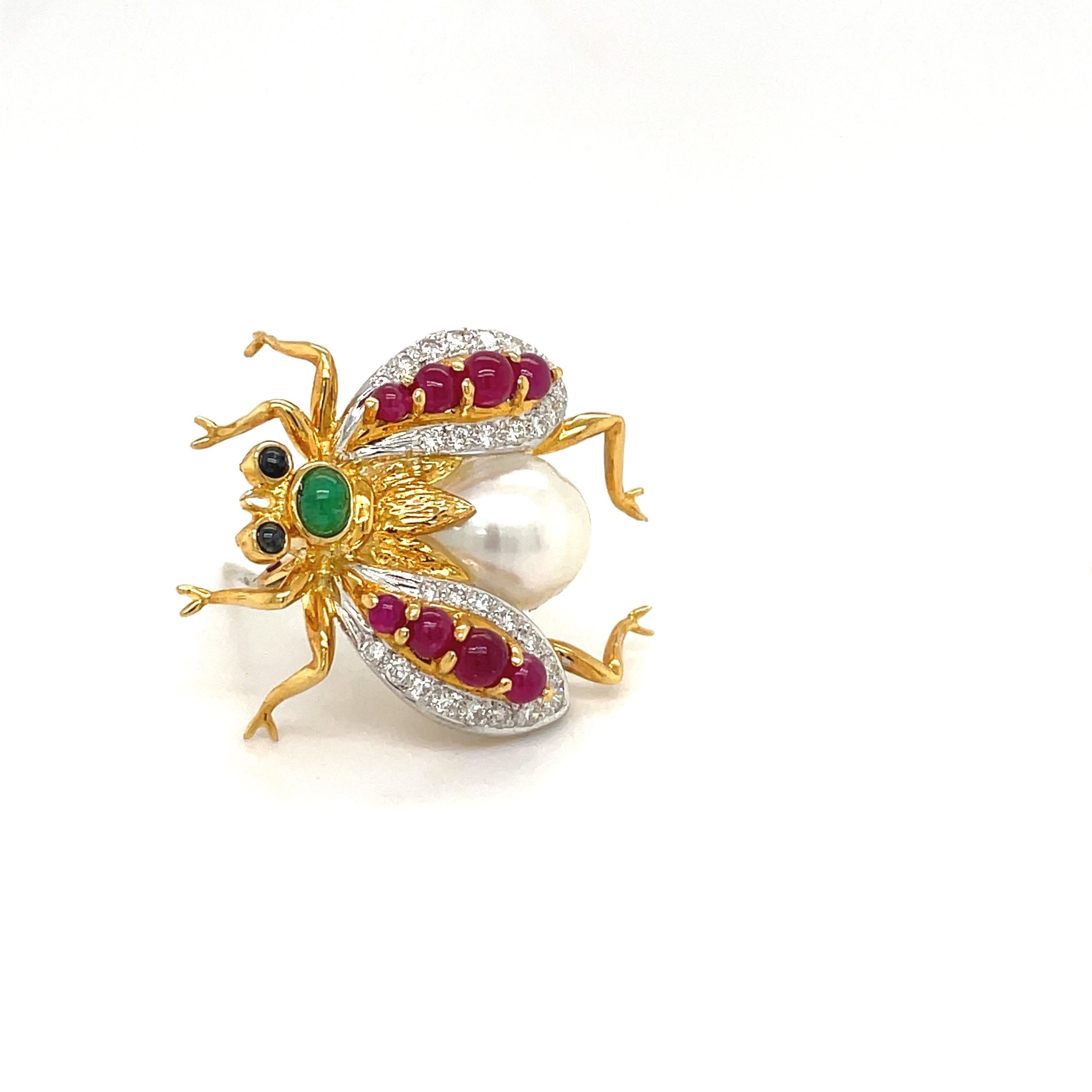 Contemporary Cellini 18 Karat Gold Bee Brooch with Diamonds, Gem Stones and South Sea Pearl For Sale