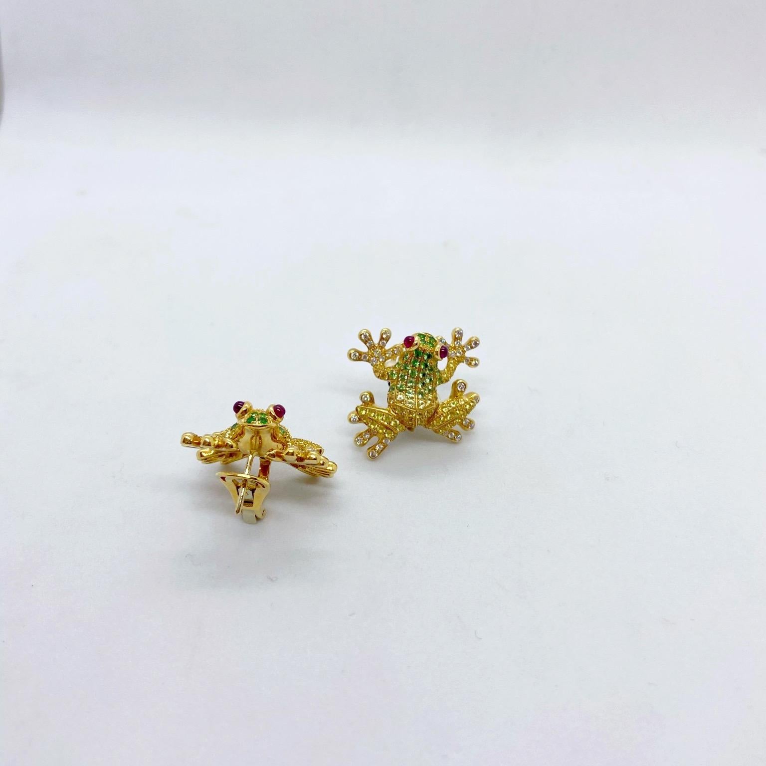 Round Cut Cellini 18 Karat Gold, Diamond, Yellow Sapphires and Tsavorite Frog Earrings For Sale