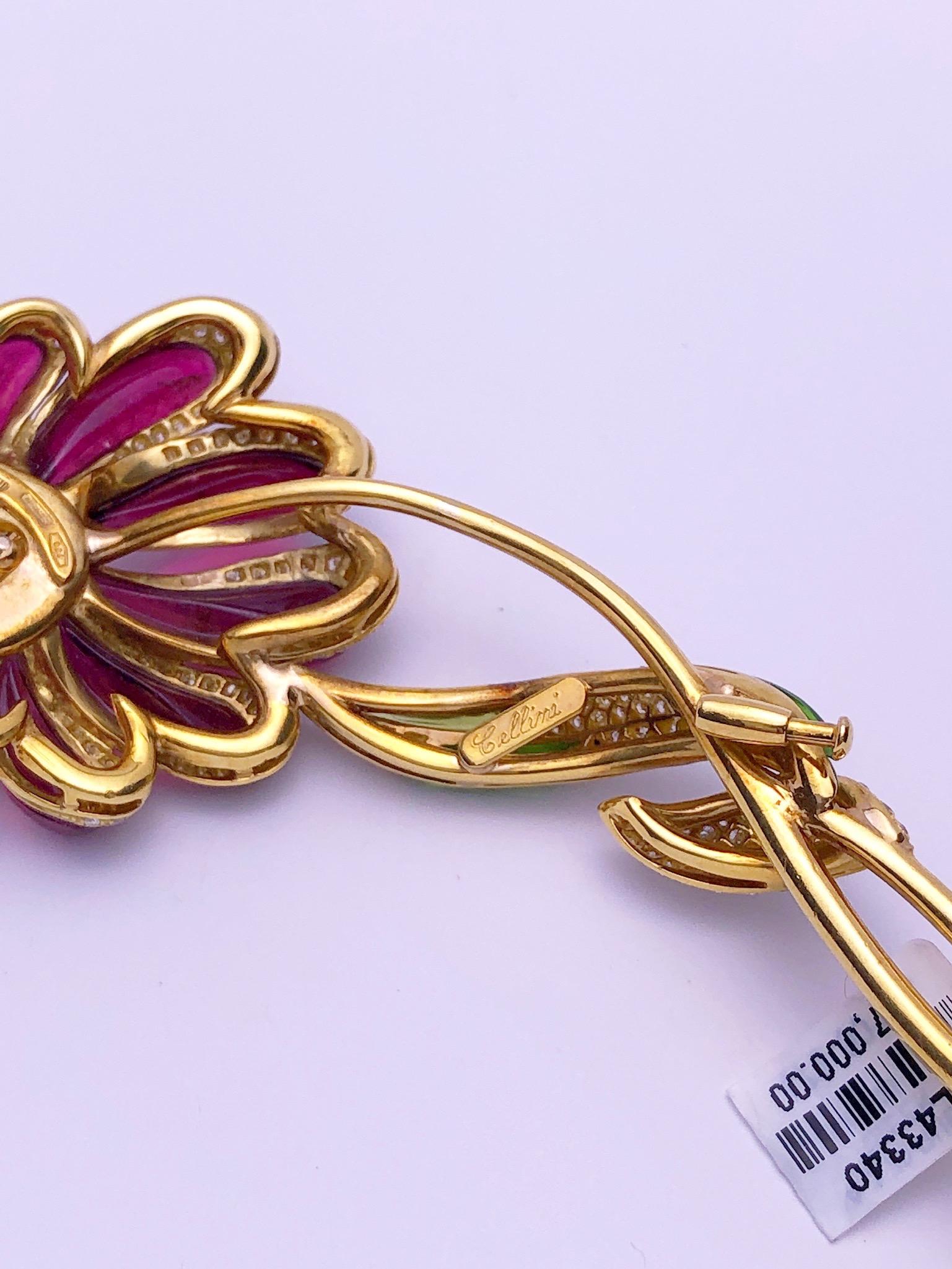 Contemporary Cellini 18 Karat Gold, Diamonds, Rubellite and Green Tourmaline Flower Brooch For Sale