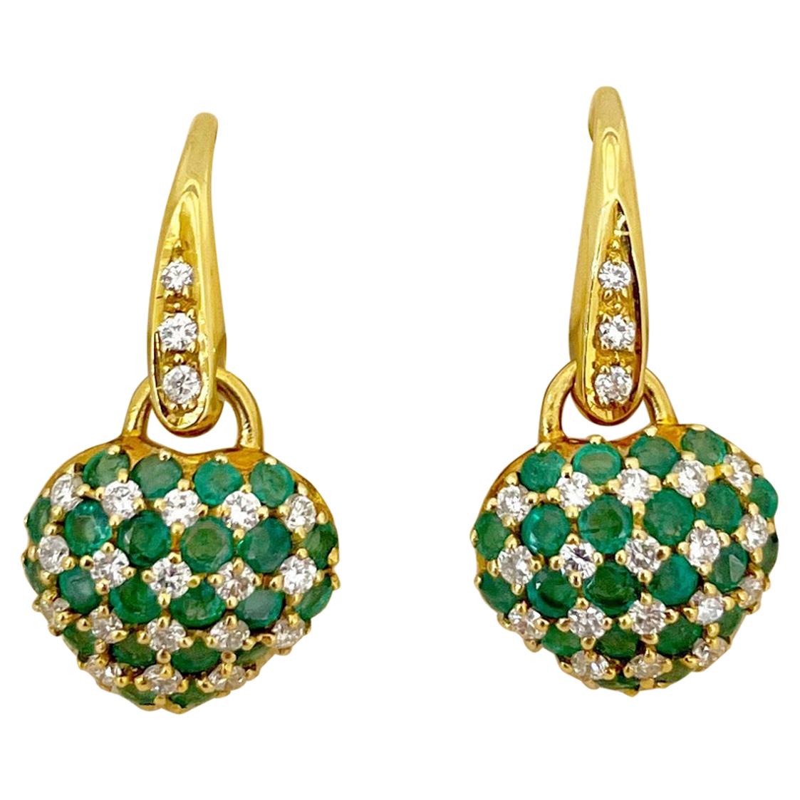 Cellini 18KT Gold Hanging Heart Earring 2.00 Carat Emerald & .74 Carat Diamonds