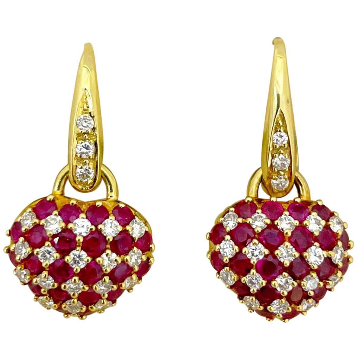 Cellini 18 Karat Gold Hanging Heart Earrings 2.49 Carat Ruby and 0.75 Ct Diamond For Sale