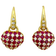Vintage Cellini 18 Karat Gold Hanging Heart Earrings 2.49 Carat Ruby and 0.75 Ct Diamond