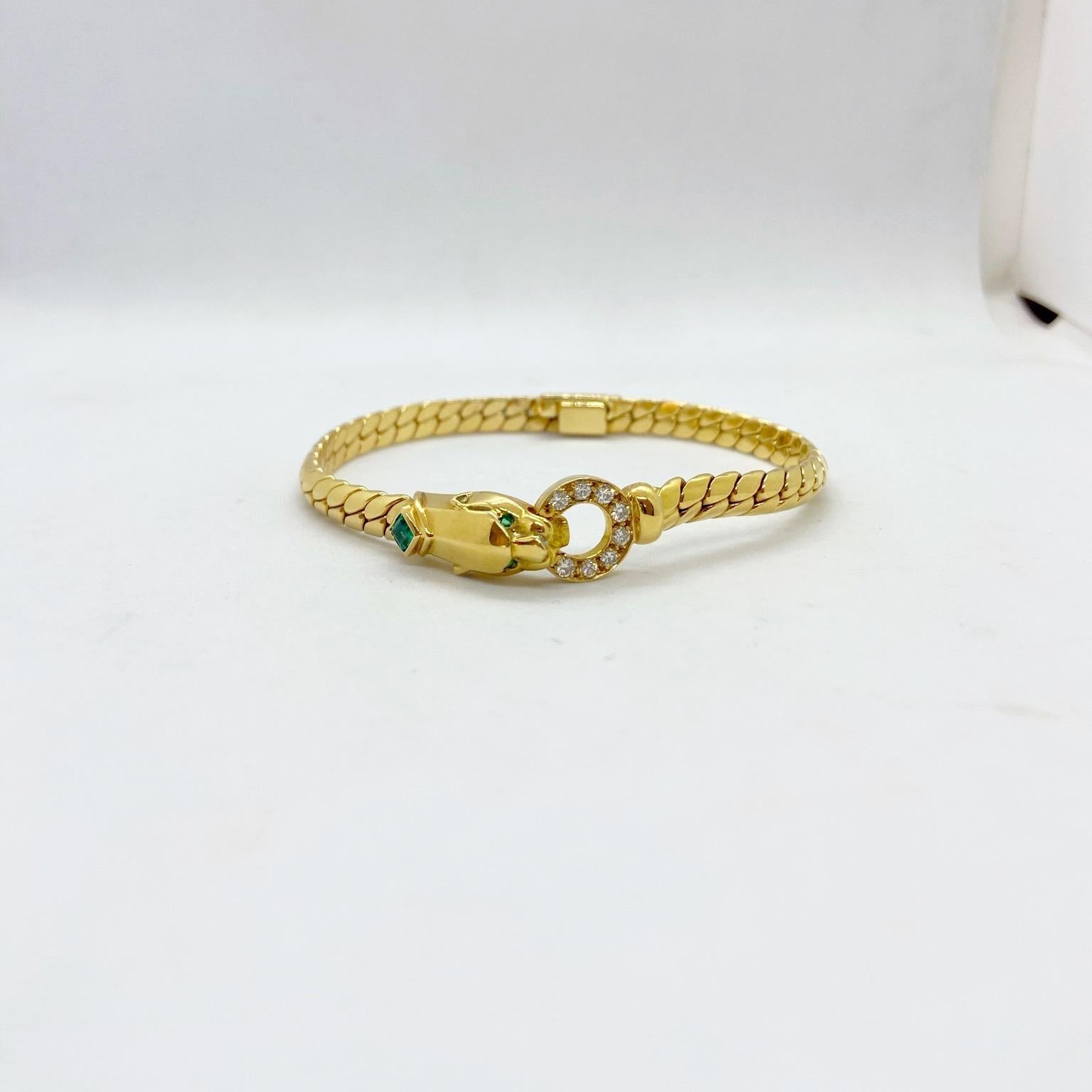 Contemporary Cellini 18 Karat Gold Panther Head Bracelet with .32 Carat Diamonds and Emeralds For Sale