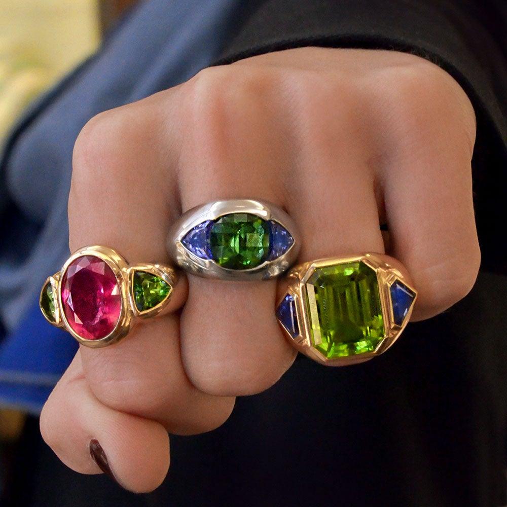 Cellini 18KT Yellow Gold Ring with 8.05 Carat Rubellite and 3.46 Carat Peridot For Sale 1
