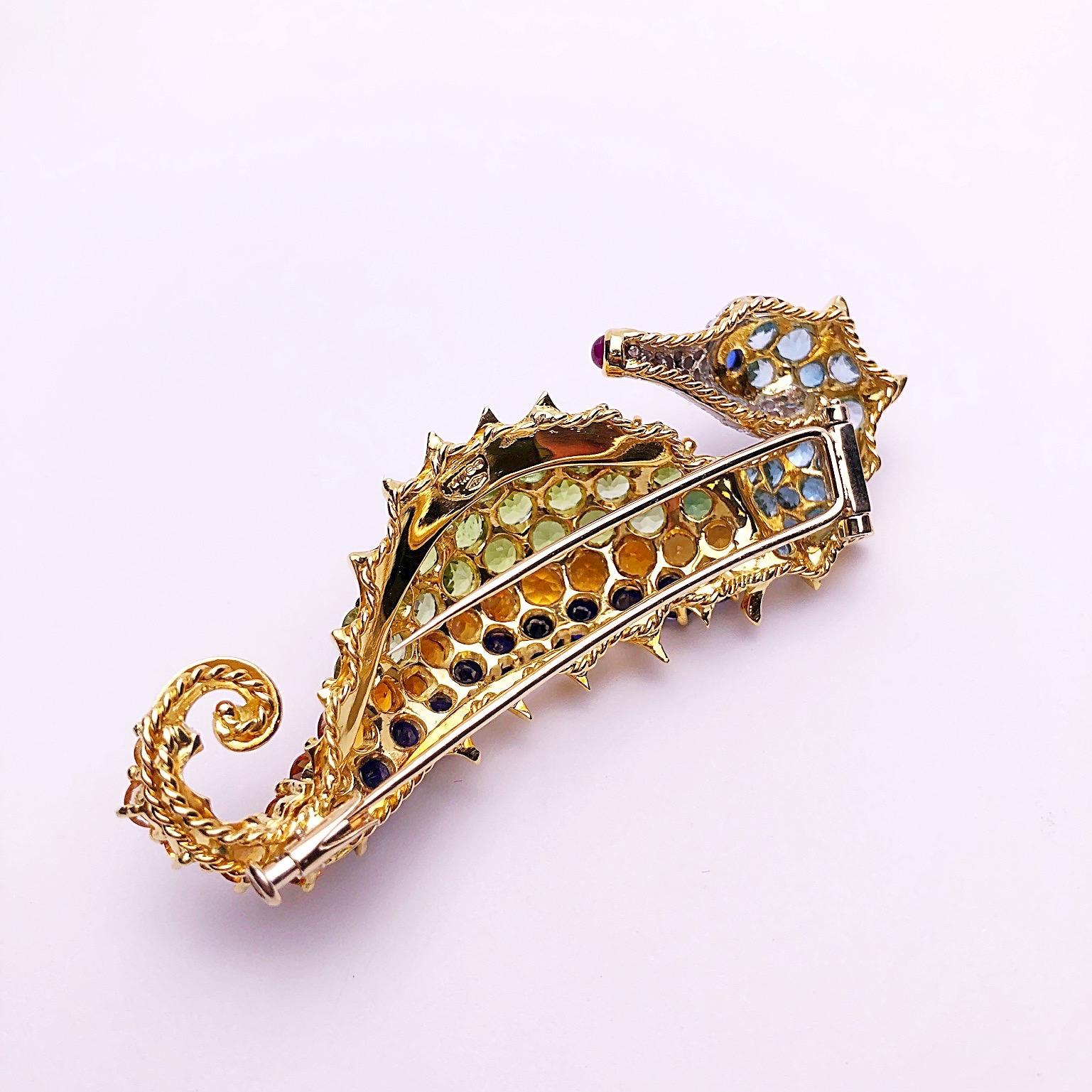 Contemporary Cellini 18 Karat Gold Seahorse Brooch with Diamonds and Semi-Precious Stones