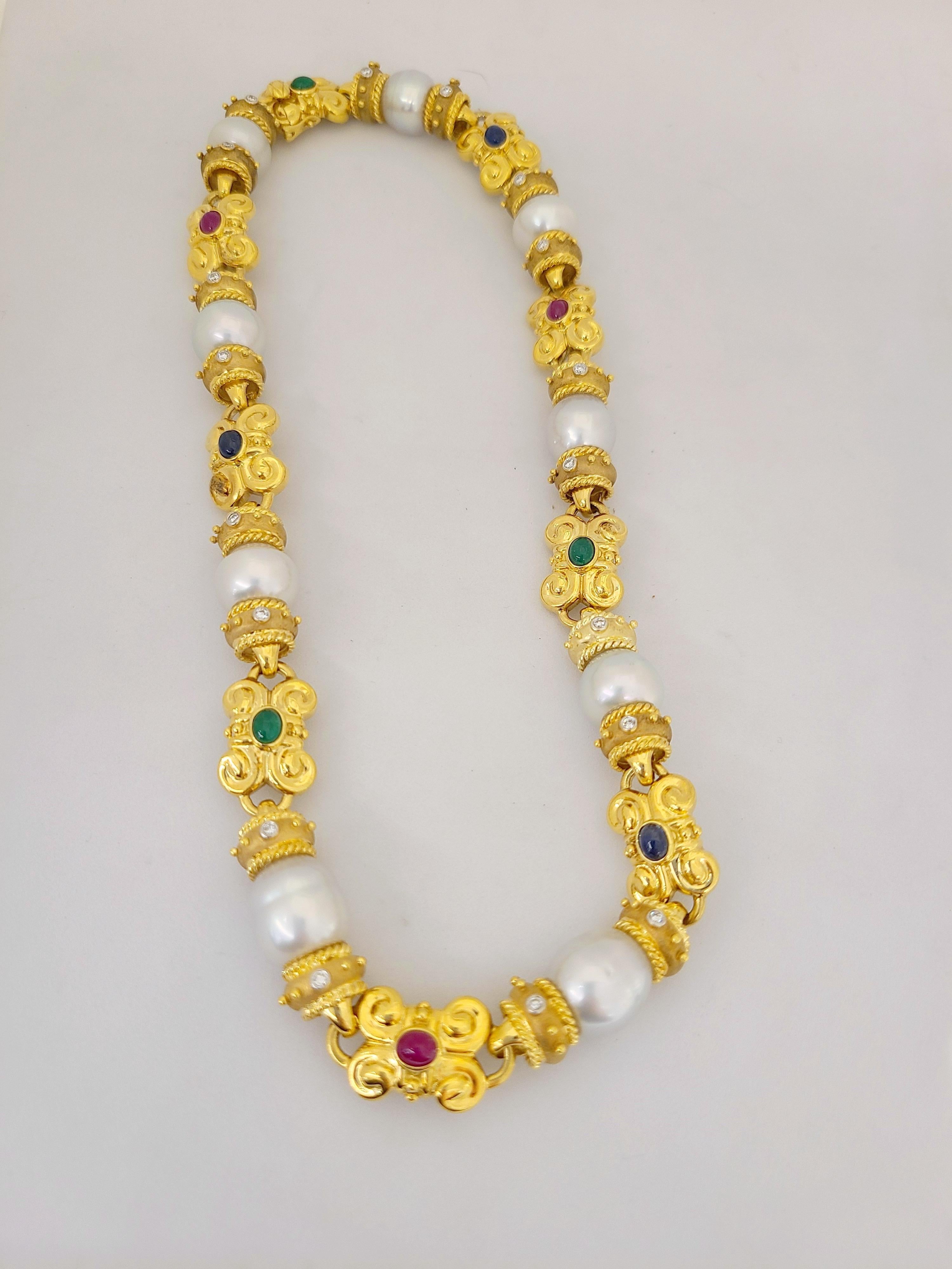 Retro Cellini 18 Karat Yellow Gold South Sea Pearl, Diamonds and Gem Stones Necklace For Sale