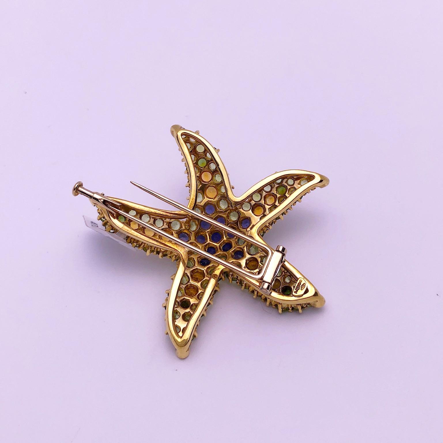 Contemporary Cellini 18 Karat Yellow Gold Starfish Brooch with Semi-Precious Stones For Sale