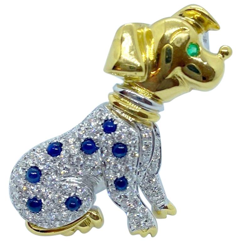 Cellini 18KT Yellow & White Gold Dalmatian Brooch with Diamonds & Blue Sapphires