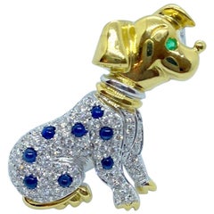 Vintage Cellini 18KT Yellow & White Gold Dalmatian Brooch with Diamonds & Blue Sapphires