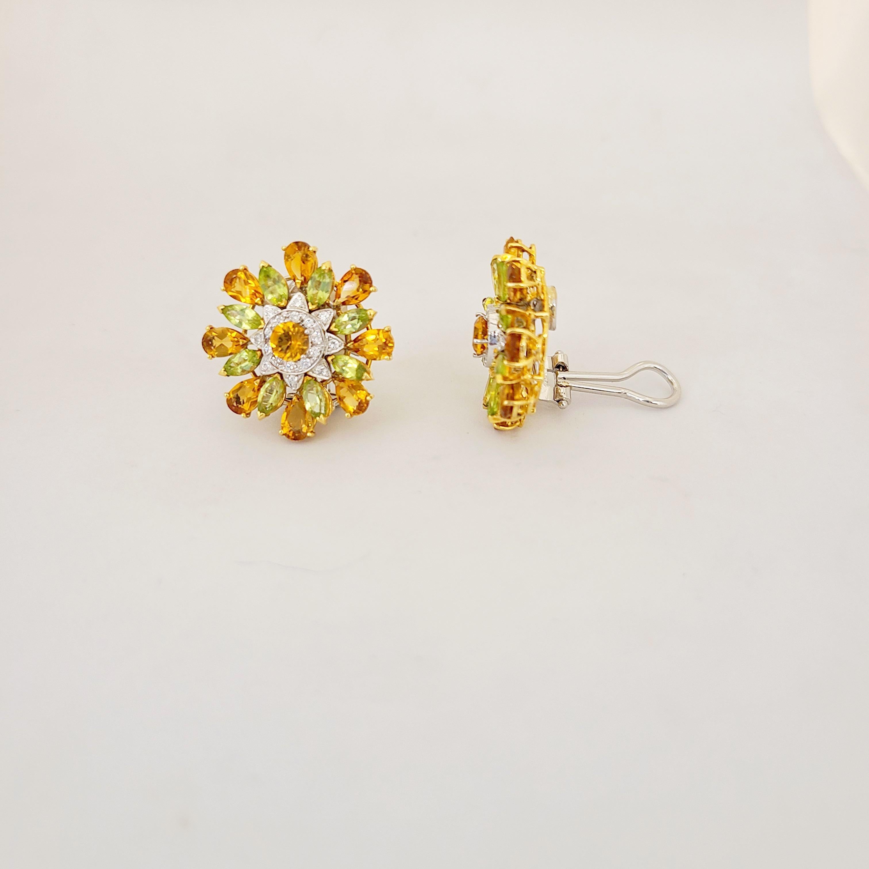Made exclusively for Cellini by Barizza & Ci SRL of Italy. These flower earrings are designed with pear shaped citrine and marquis shaped stones as peridot petals. The center of the flowers are round brilliant cut citrine with a single   The flower