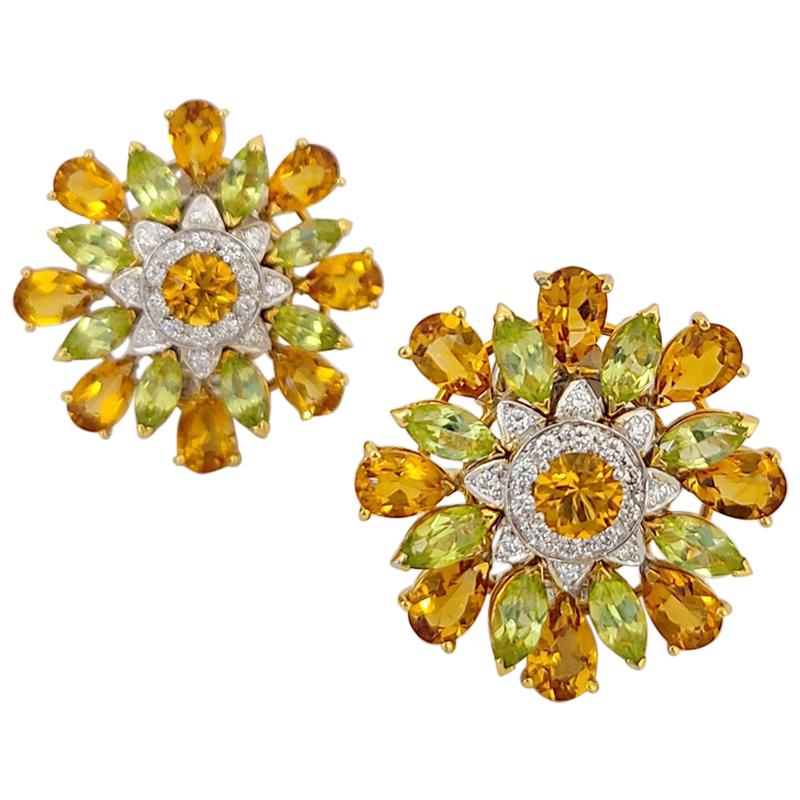 Cellini 18KT YG, 12.60Ct. Citrine, 4.6Ct. Peridot and .43 Carat Diamond Earrings For Sale