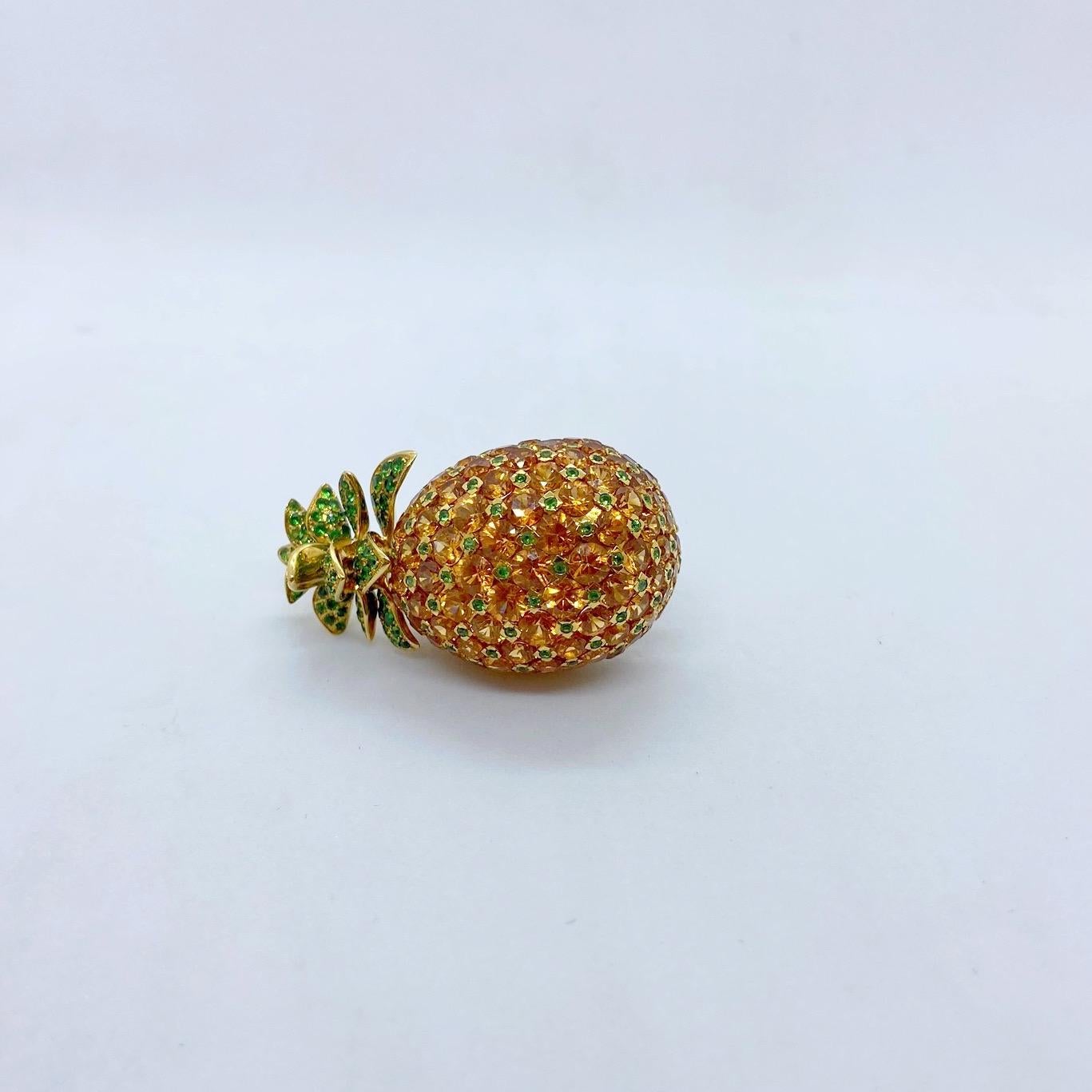 Contemporary Cellini 18KT YG Pineapple Brooch with 21.75 Carat Orange Garnets and Tsavorites For Sale