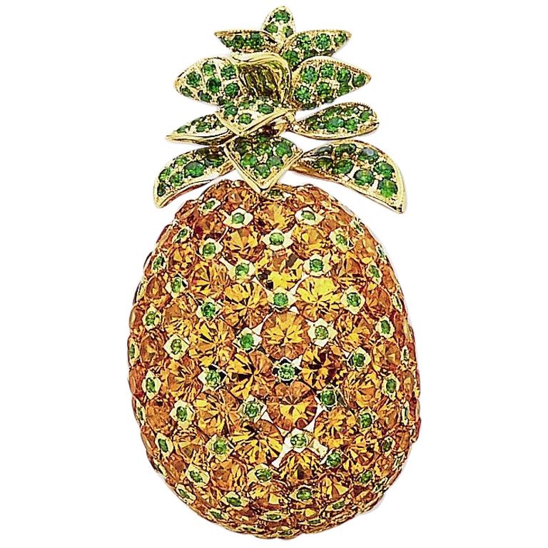 Cellini 18KT YG Pineapple Brooch with 21.75 Carat Orange Garnets and Tsavorites