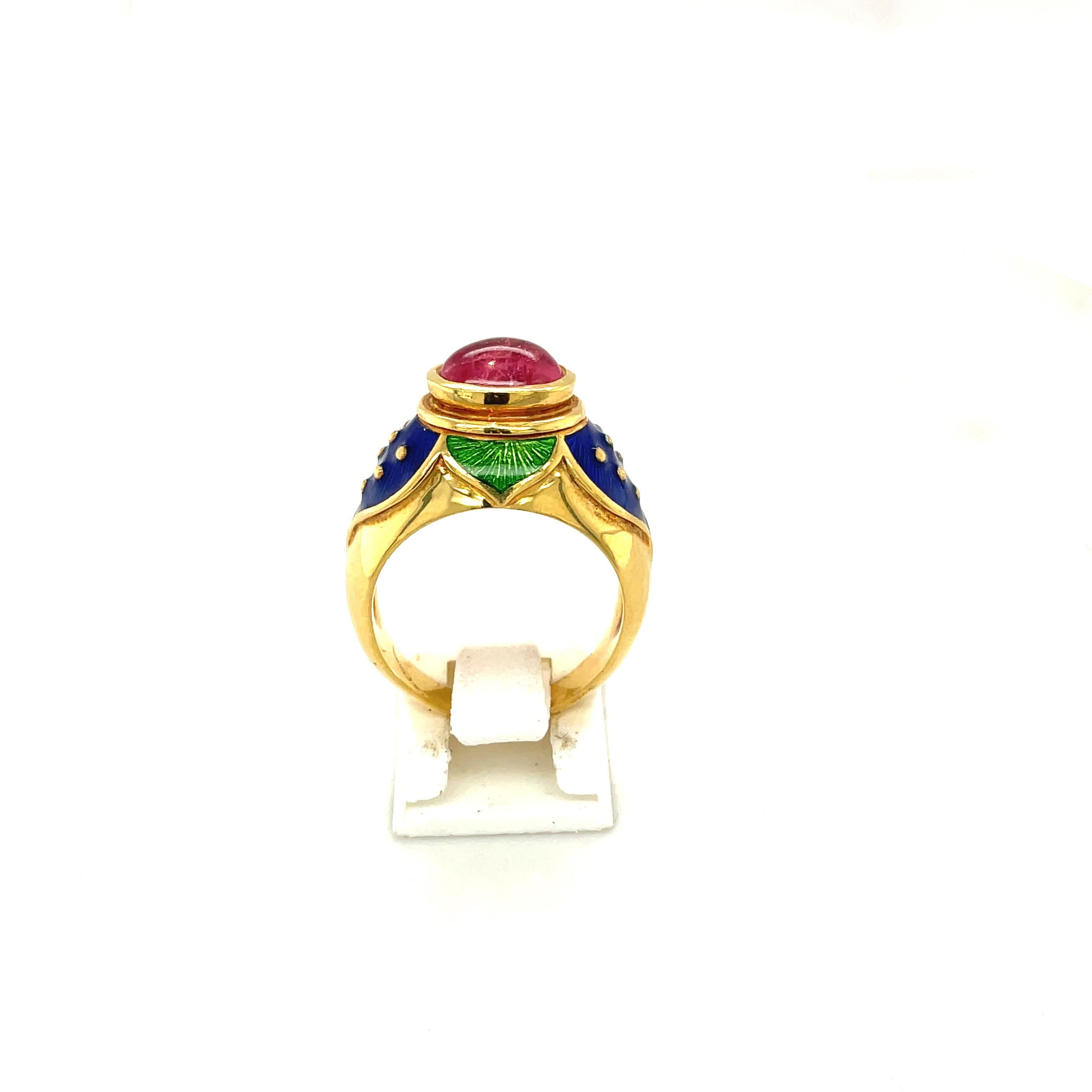 Cellini 18KT YG Ring with Cabochon Pink Tourmaline Center & Blue & Green Enamel For Sale 3