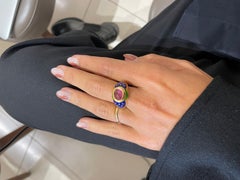 Cellini 18KT YG Ring with Cabochon Pink Tourmaline Center & Blue & Green Enamel