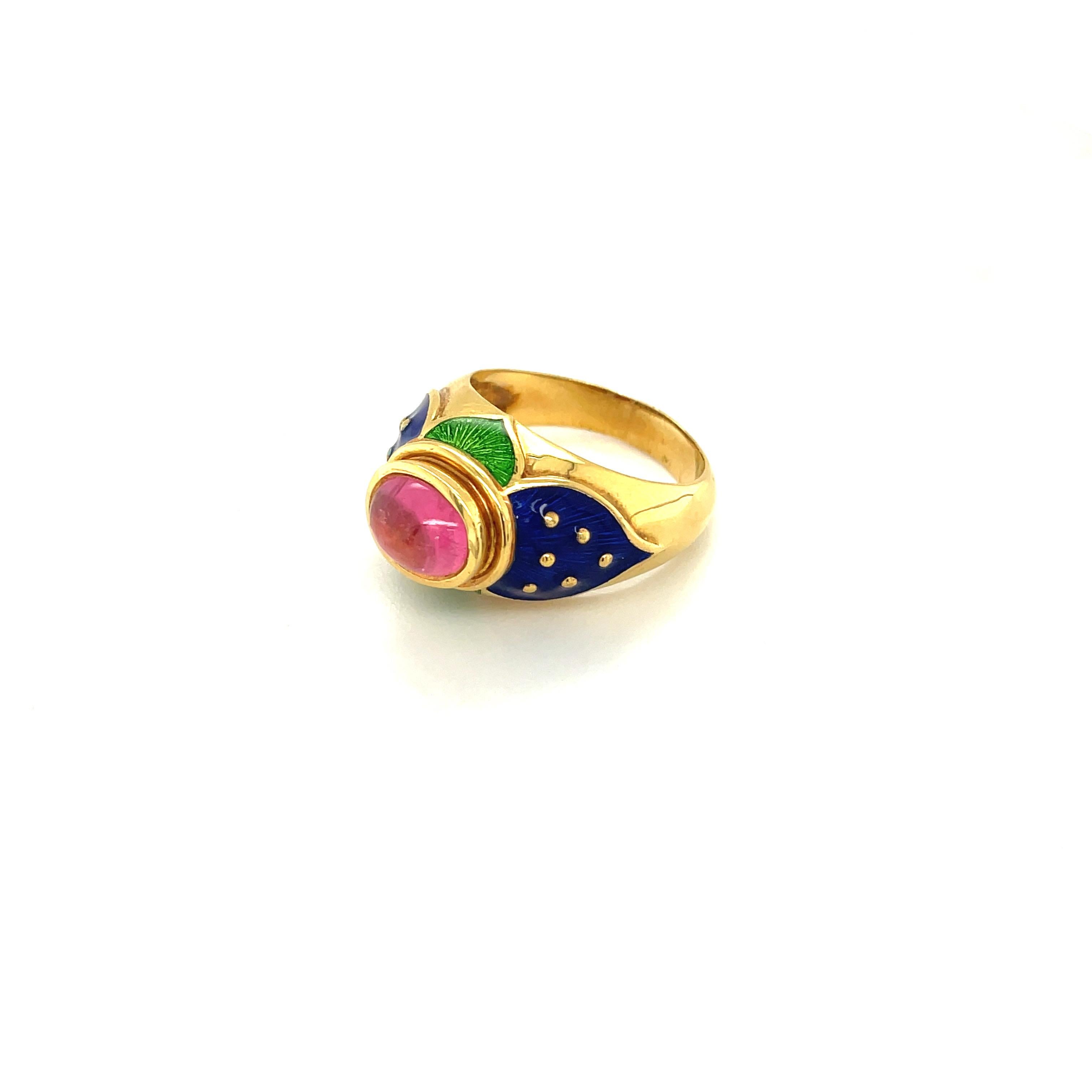 Contemporary Cellini 18KT YG Ring with Cabochon Pink Tourmaline Center & Blue & Green Enamel For Sale