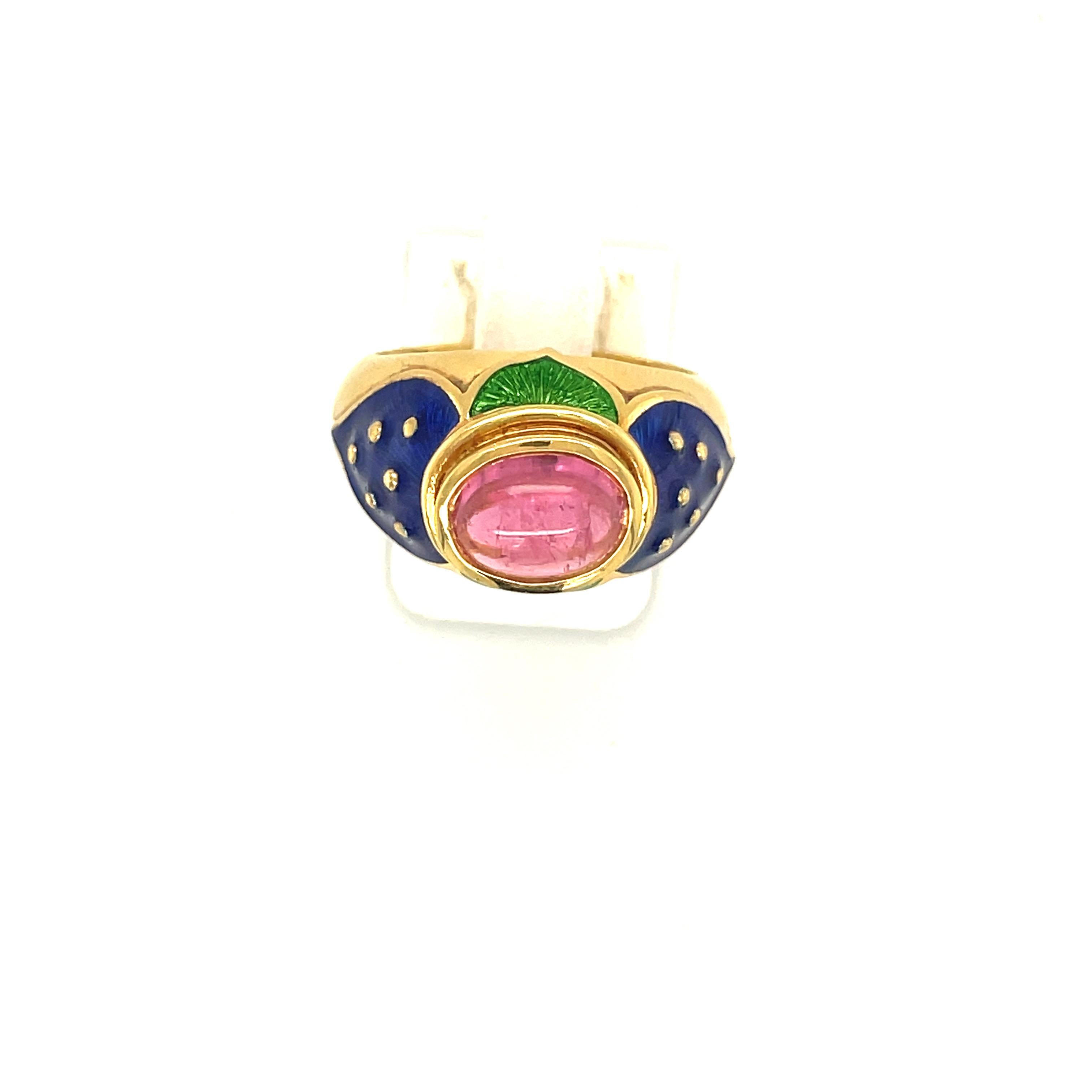 Cellini 18KT YG Ring mit rosa Turmalin im Cabochon-Schliff in der Mitte und blauer & grüner Emaille im Angebot 1