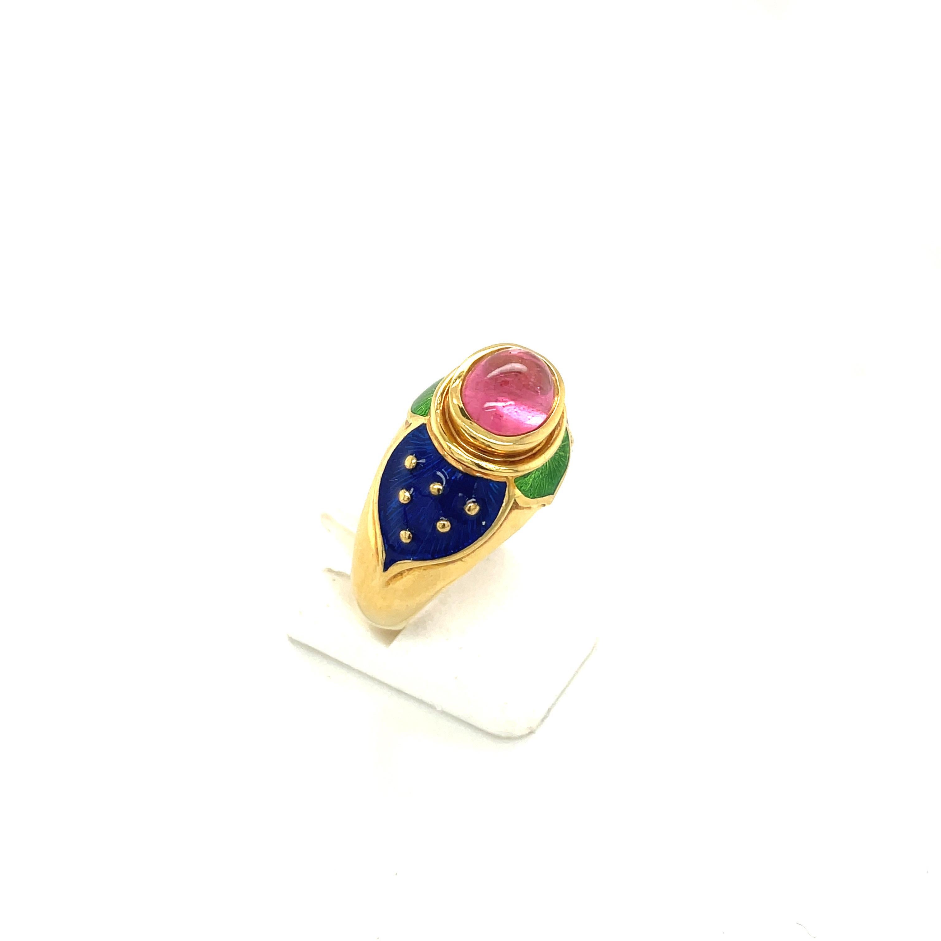 Women's or Men's Cellini 18KT YG Ring with Cabochon Pink Tourmaline Center & Blue & Green Enamel For Sale
