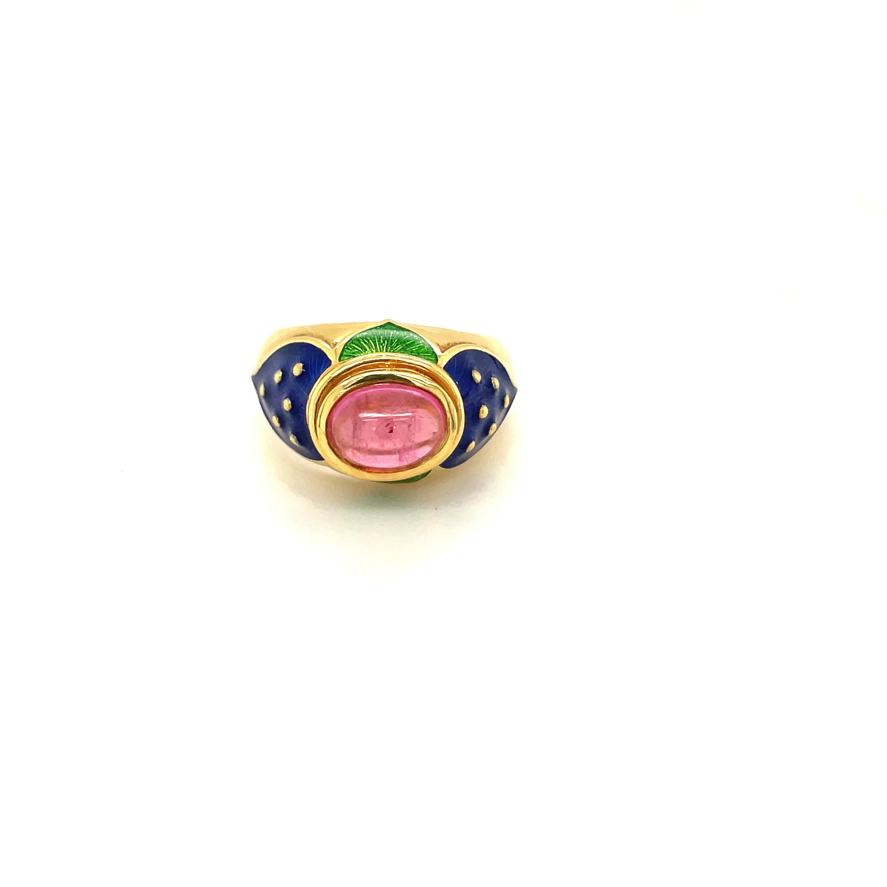 Cellini 18KT YG Ring with Cabochon Pink Tourmaline Center & Blue & Green Enamel For Sale 1