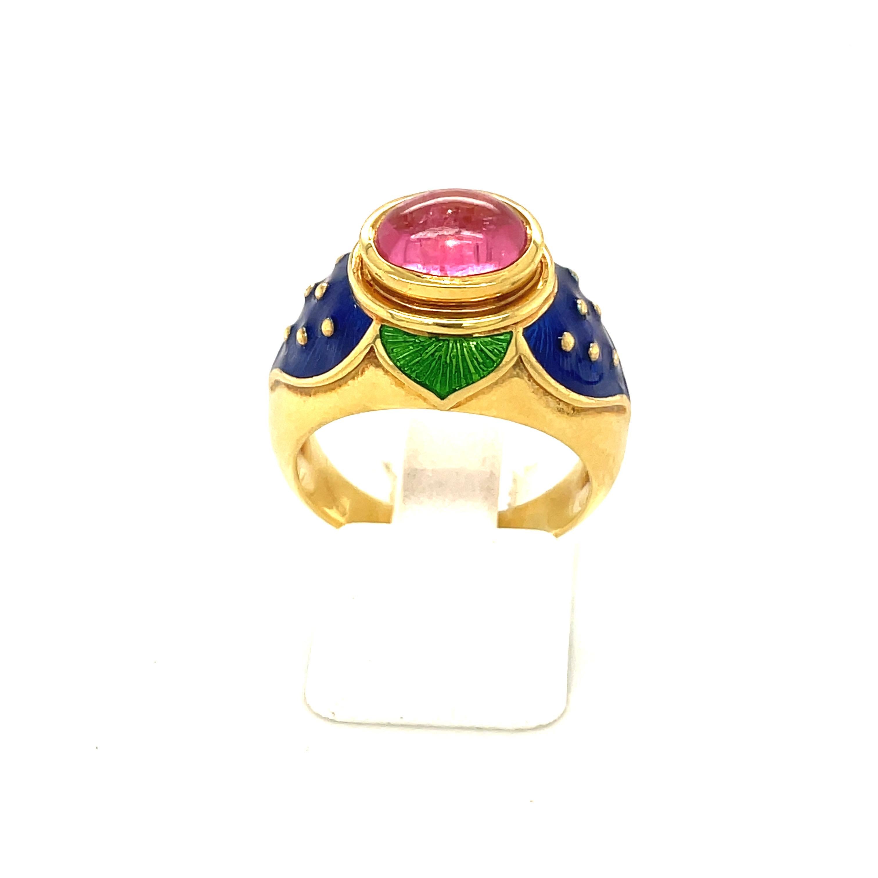 Cellini 18KT YG Ring with Cabochon Pink Tourmaline Center & Blue & Green Enamel For Sale 2