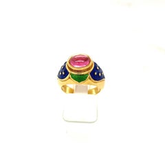 Cellini 18KT YG Ring with Cabochon Pink Tourmaline Center & Blue & Green Enamel