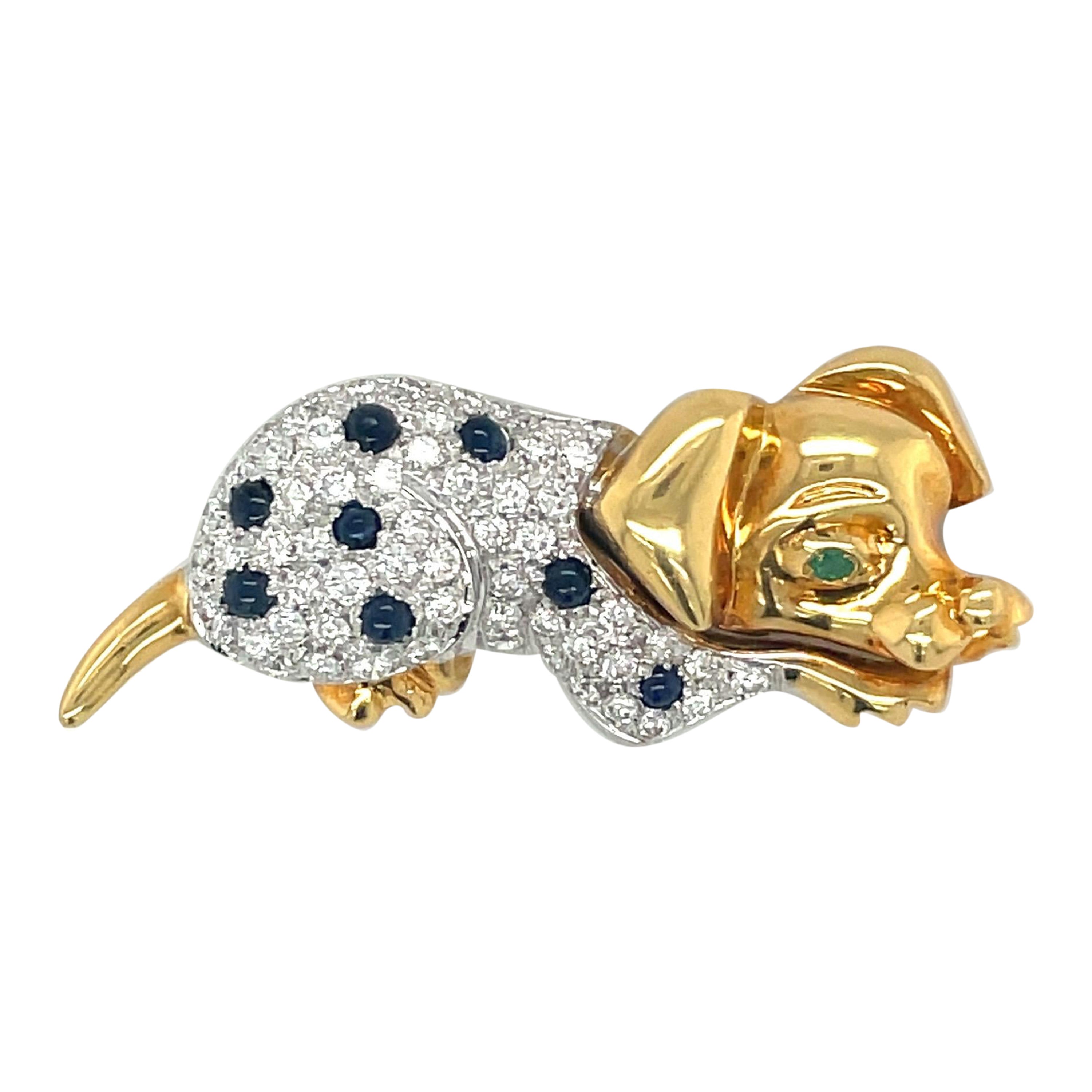 Cellini 18KT YG/WG 0.96Ct Diamond 0.38Ct Blue Sapphire Dalmatian Brooch