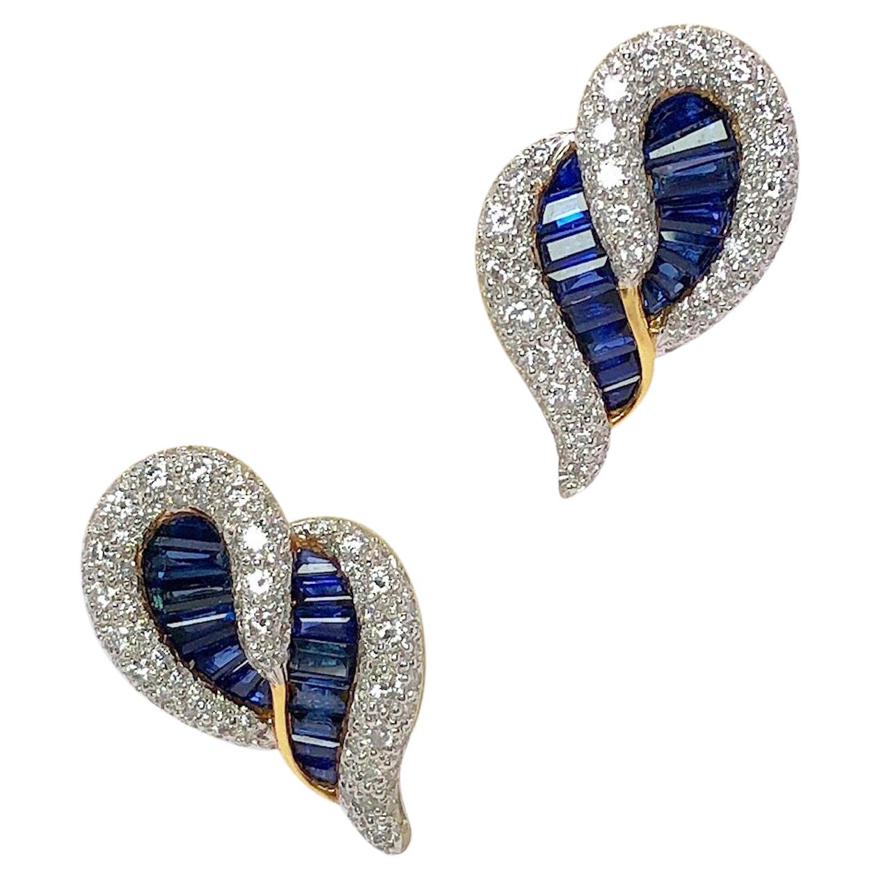 Cellini 18KT YG/WG Baguette 6.75 Carat Blue Sapphire & Diamond Paisley Earrings
