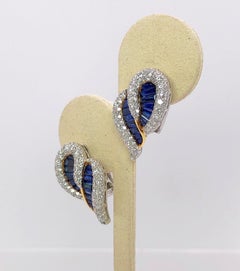 Cellini 18KT YG/WG Baguette 6.75 Carat Blue Sapphire & Diamond Paisley Earrings