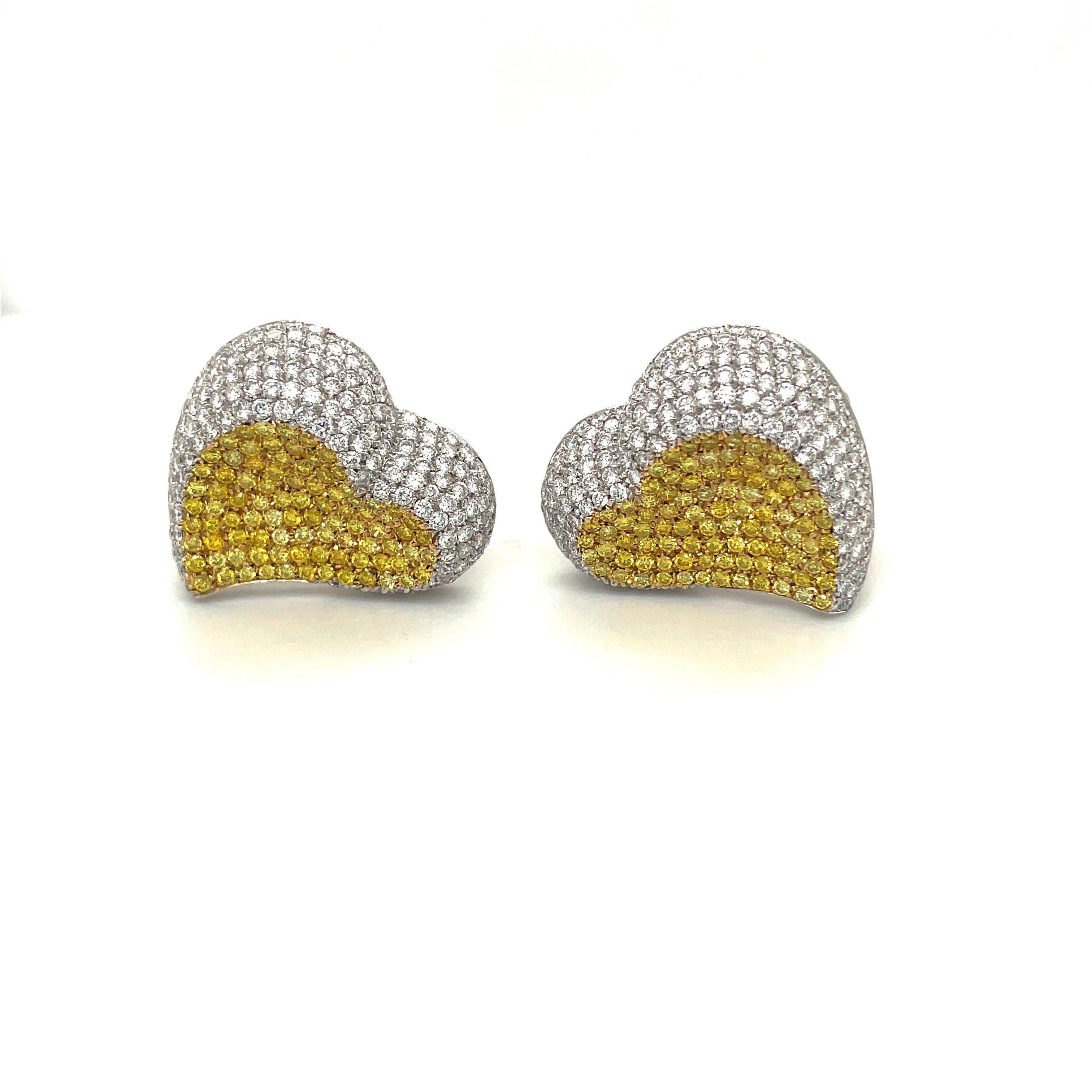 Round Cut Cellini 6.16ct. Yellow and White Diamond Heart Earrings in 18kt Gold For Sale