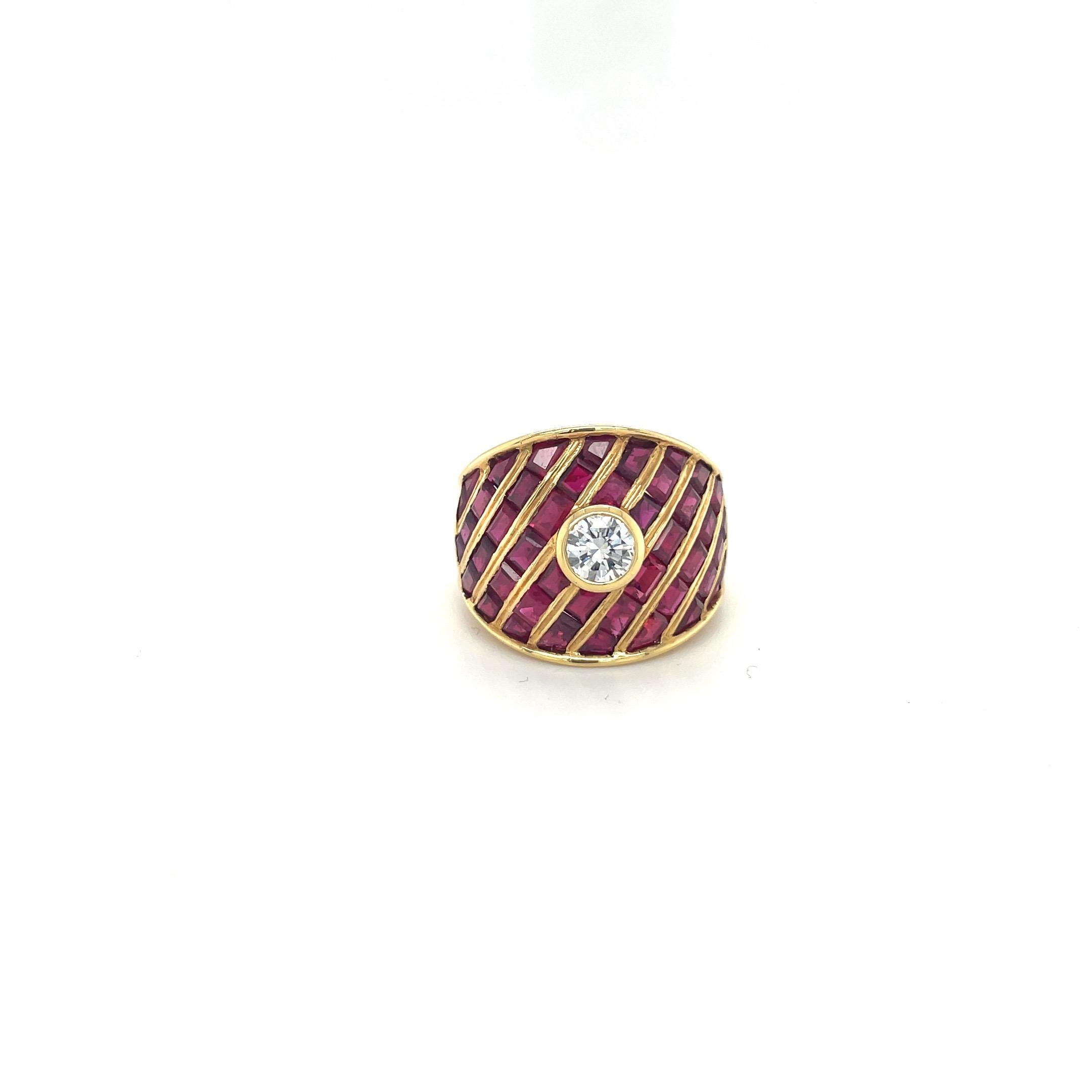 Cellini 6.27ct Baguette & Calibre Ruby Ring with Bezel Set Diamond In New Condition For Sale In New York, NY