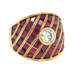 Retro Cellini 6.27ct Baguette & Calibre Ruby Ring with Bezel Set Diamond