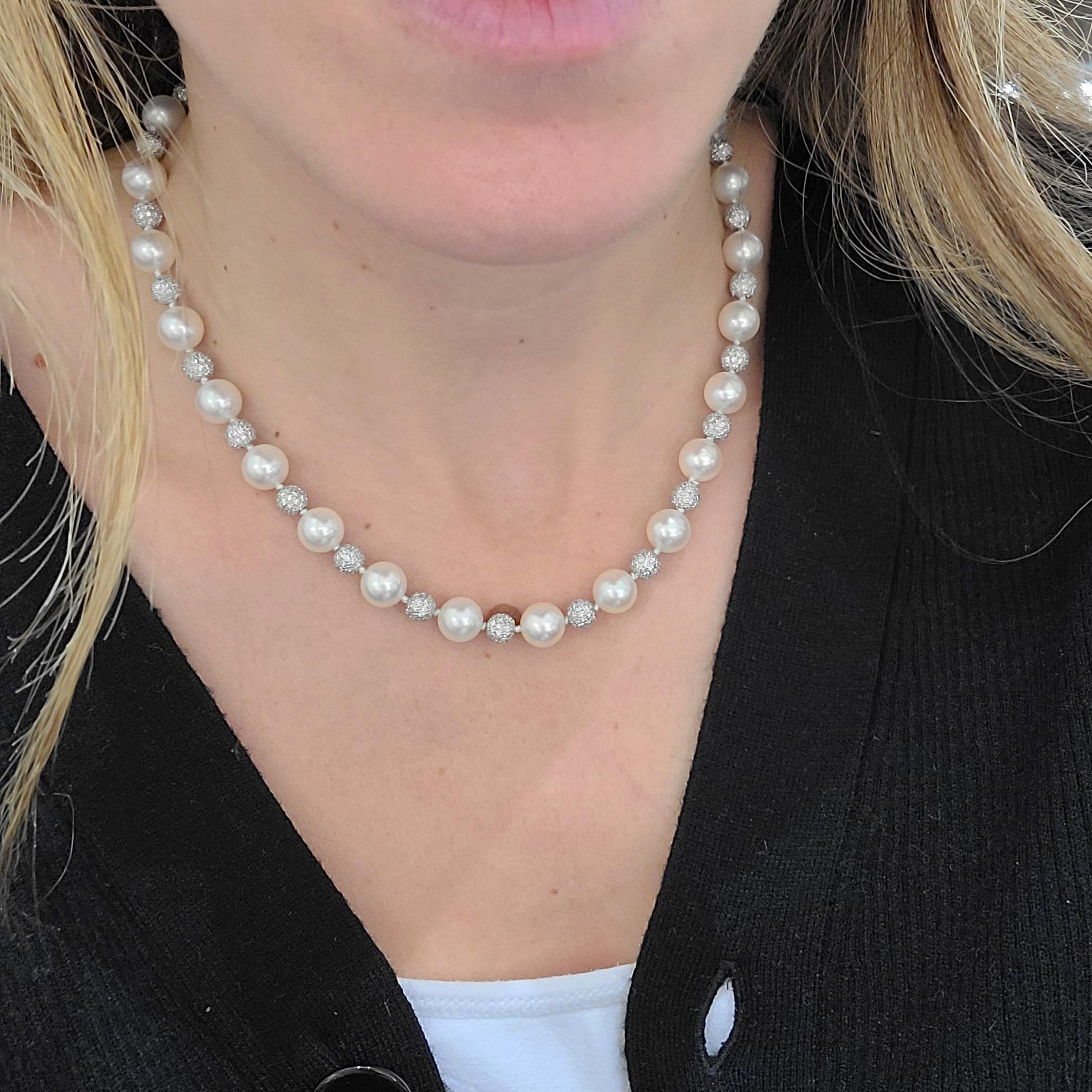 Contemporary Cellini Alternating Cultured Pearl and 10.00 Carat Diamond Ball Necklace For Sale