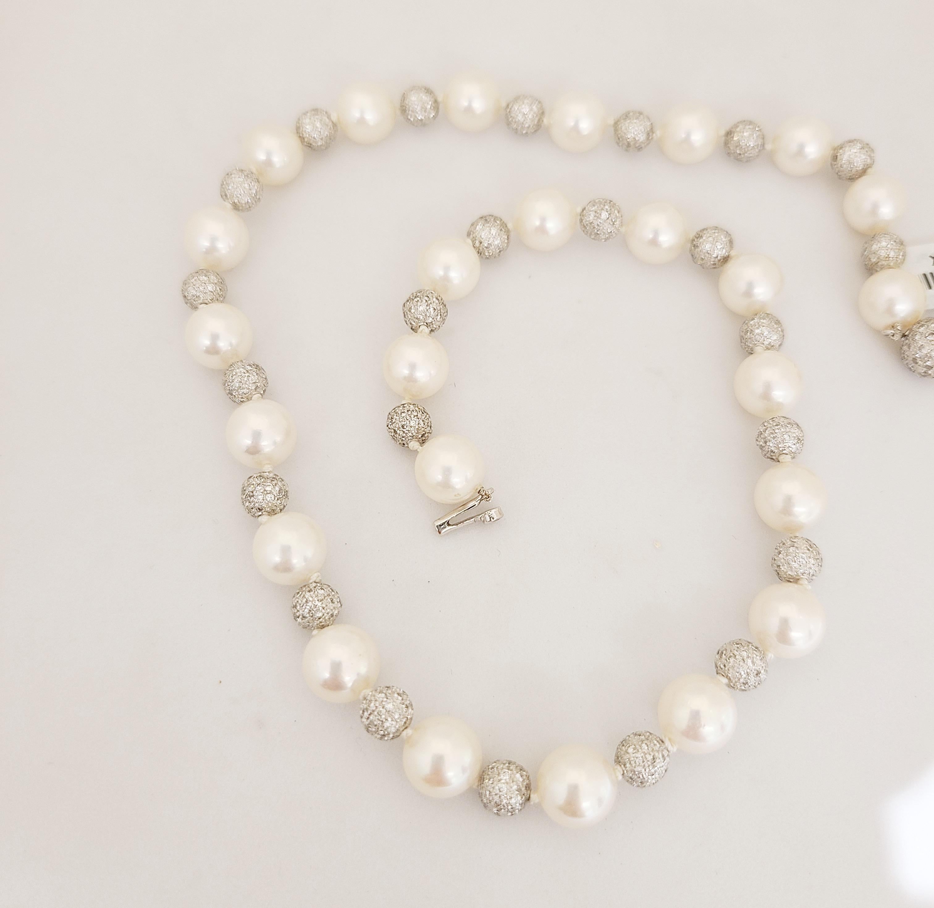 Round Cut Cellini Alternating Cultured Pearl and 10.00 Carat Diamond Ball Necklace For Sale