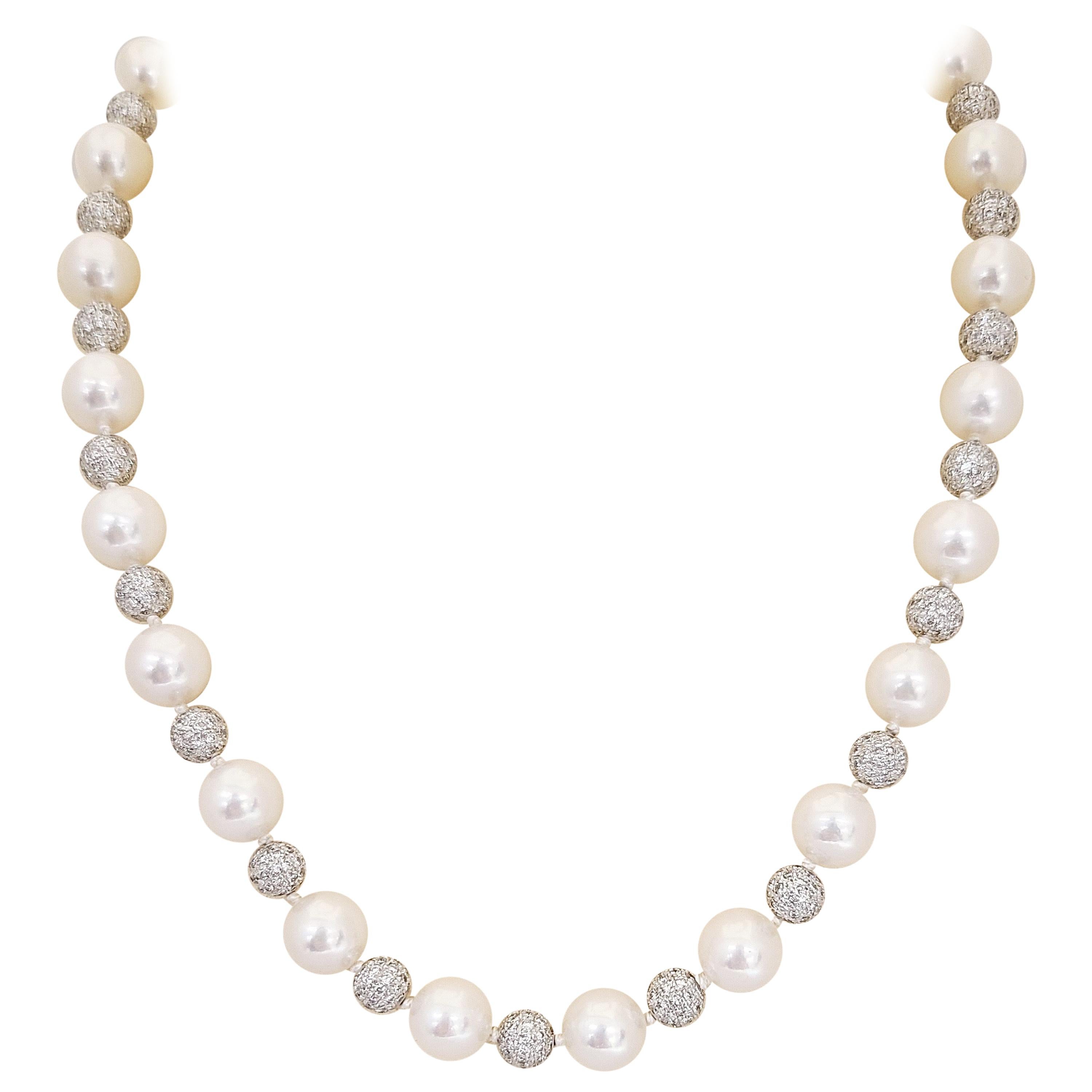 Cellini Alternating Cultured Pearl and 10.00 Carat Diamond Ball Necklace For Sale