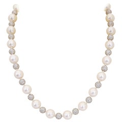 Vintage Cellini Alternating Cultured Pearl and 10.00 Carat Diamond Ball Necklace