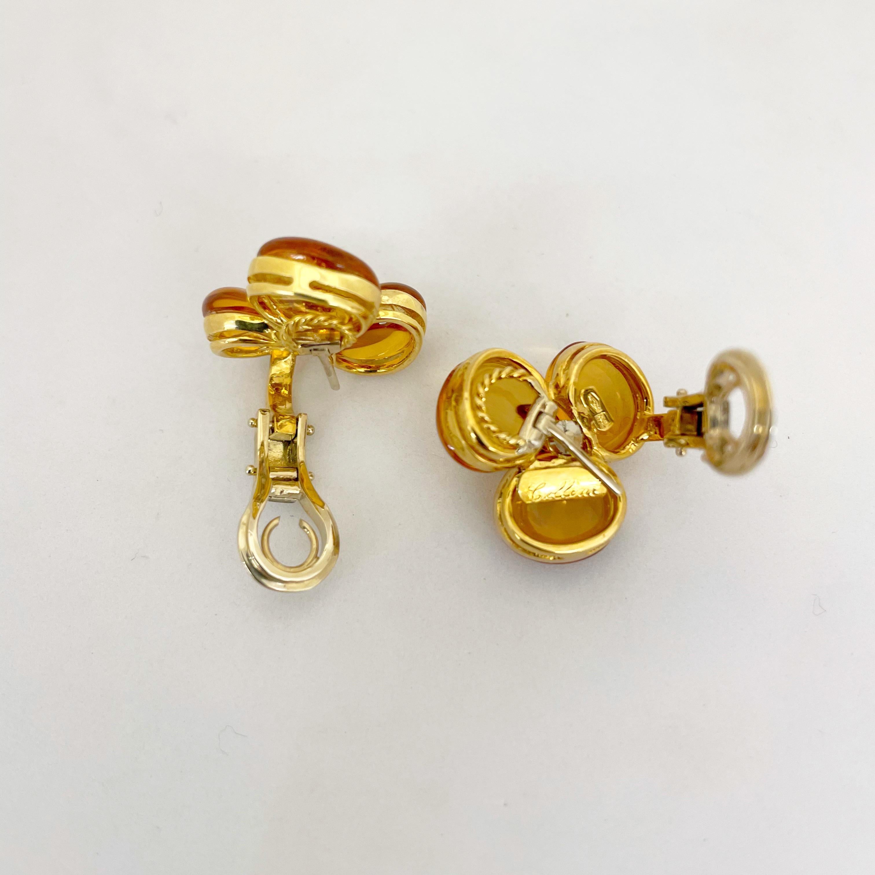 Cellini Cabochon Citrine Flower Earring with Diamonds in 18 Karat Yellow Gold For Sale 1