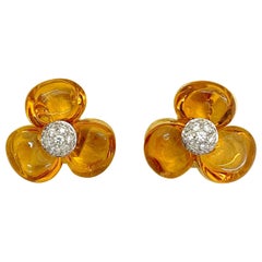 Cellini Cabochon Citrine Flower Earring with Diamonds in 18 Karat Yellow Gold