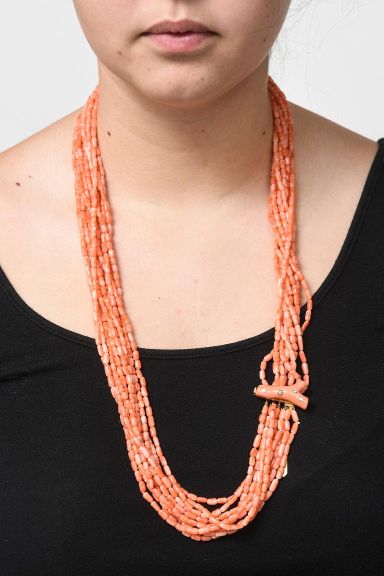 Cellini Diamond Studded Coral Branch Clasp on Multistrand Coral