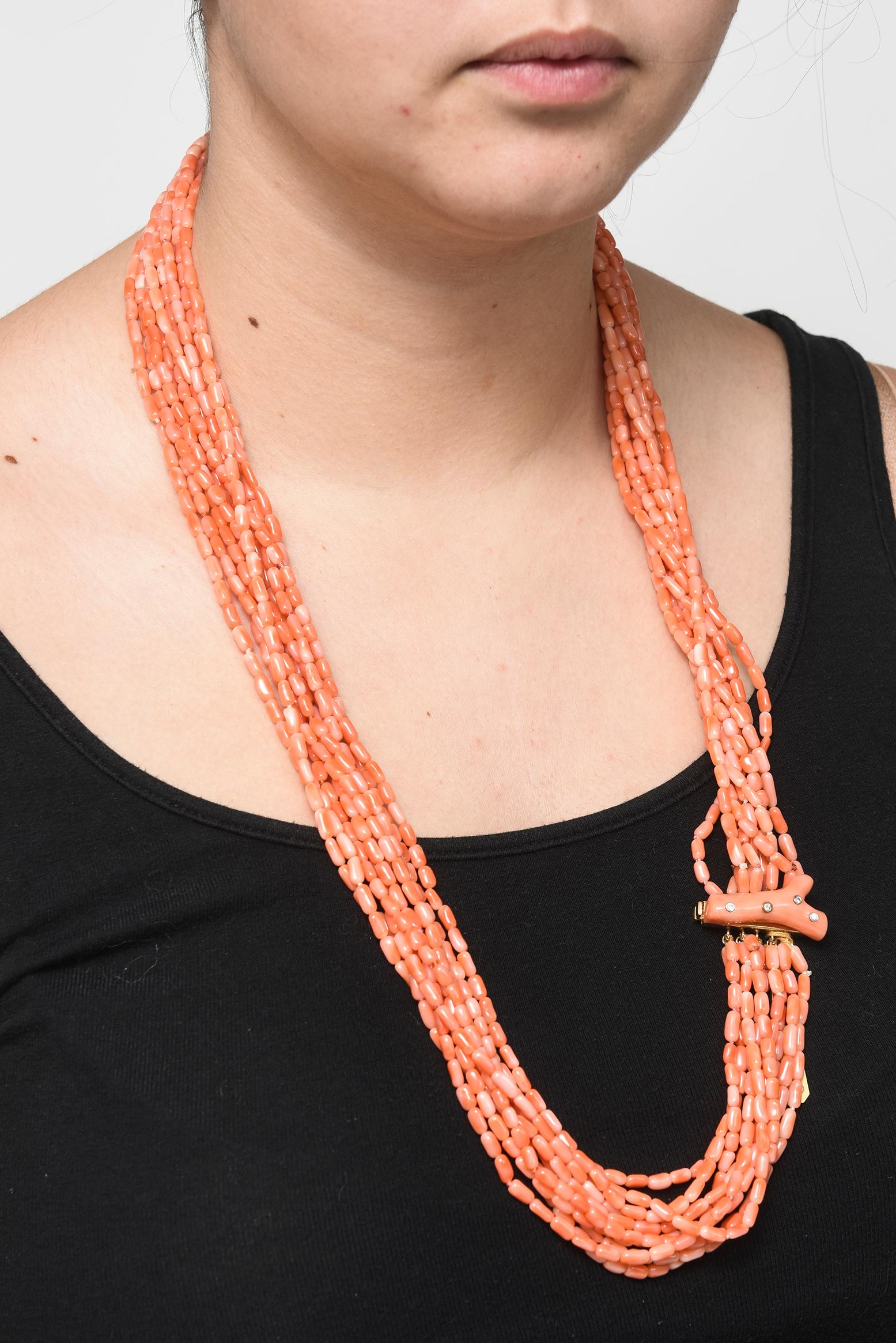 Cellini Diamond Studded Coral Branch Clasp on Multistrand Coral Bead Necklace For Sale 2